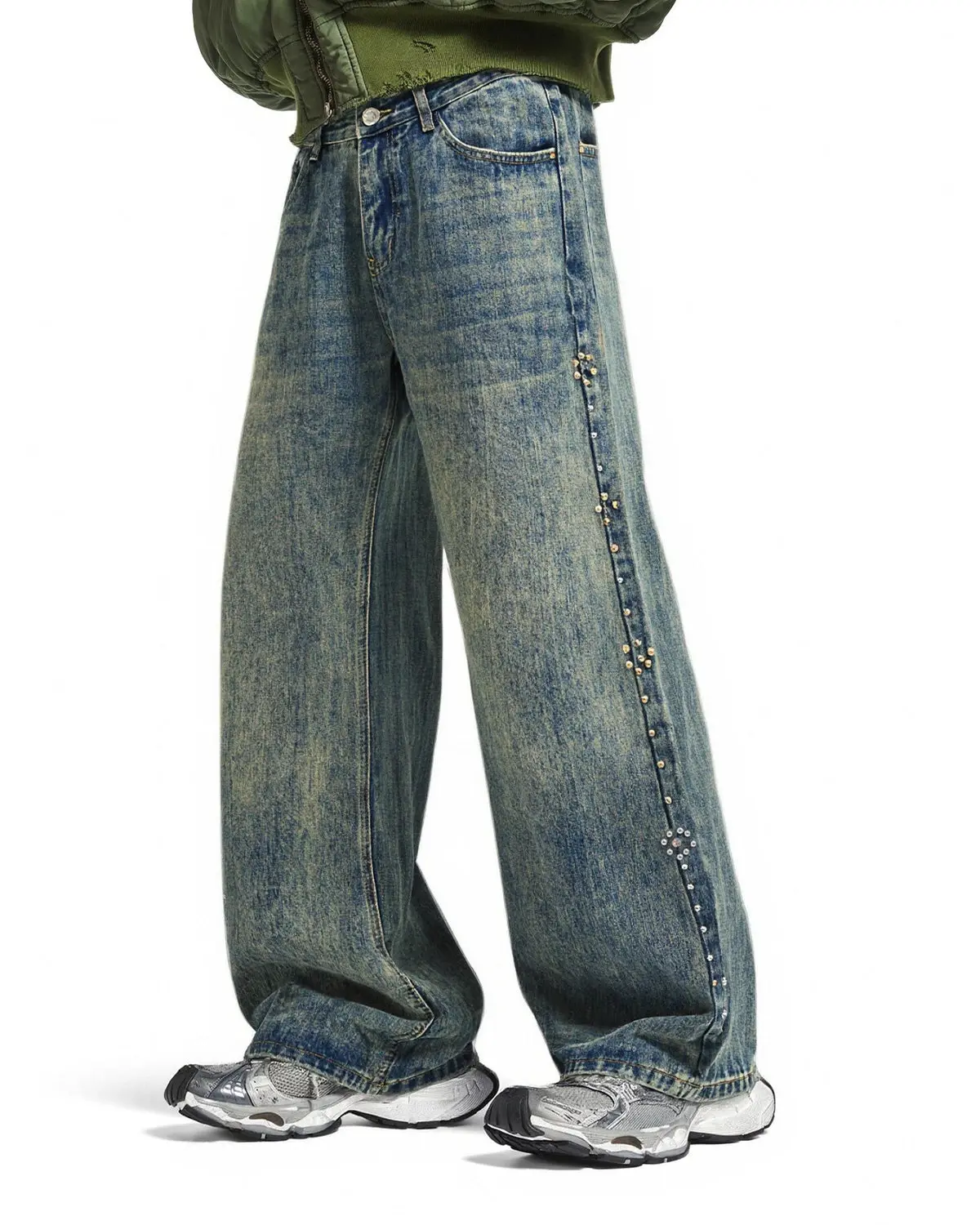 Acid Wash Beaded Studded Flared Baggy Jeans | Inflation Streetwear - Image 4