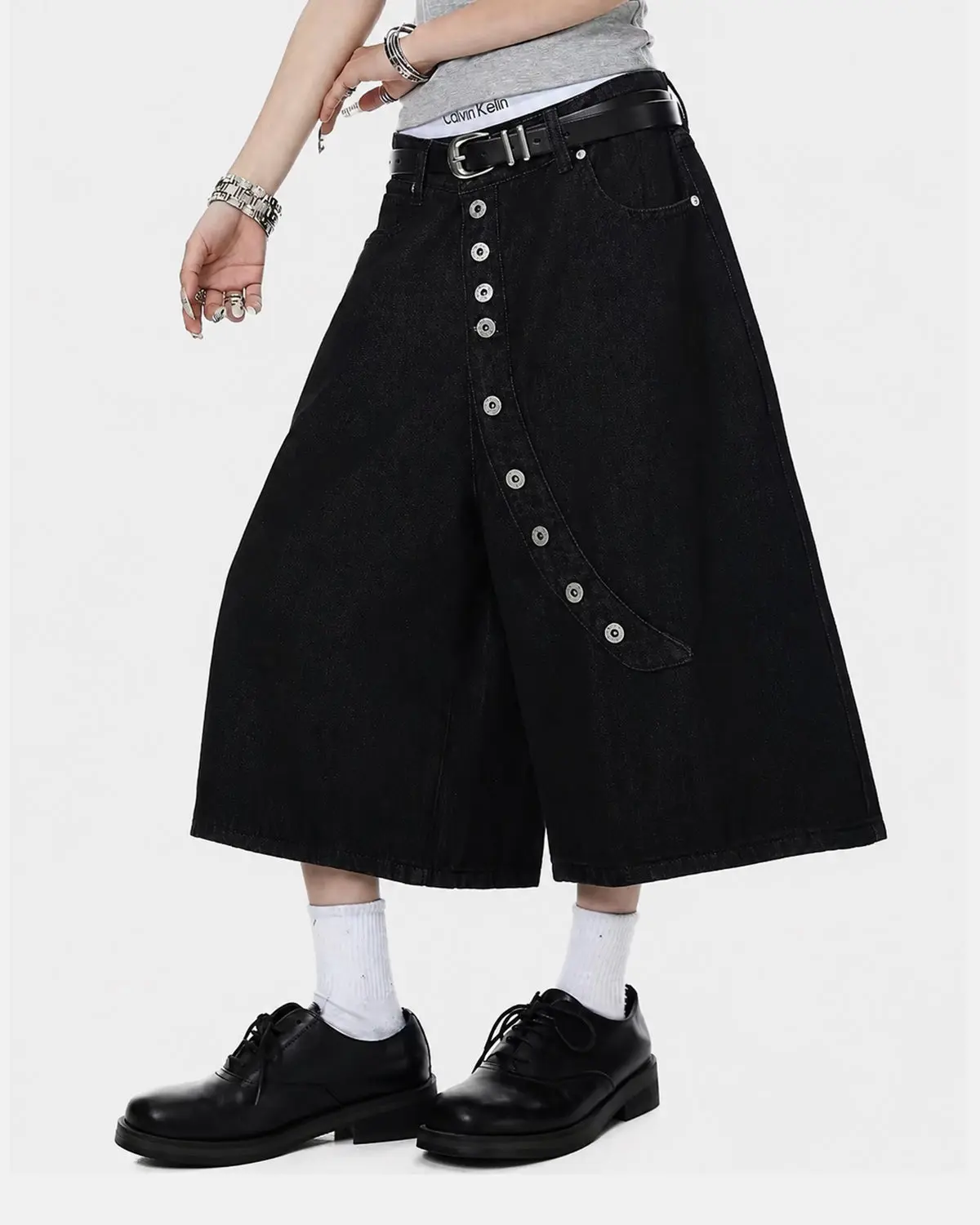 Asymmetric Button Raw Denim Jorts | Inflation Streetwear - Image 4