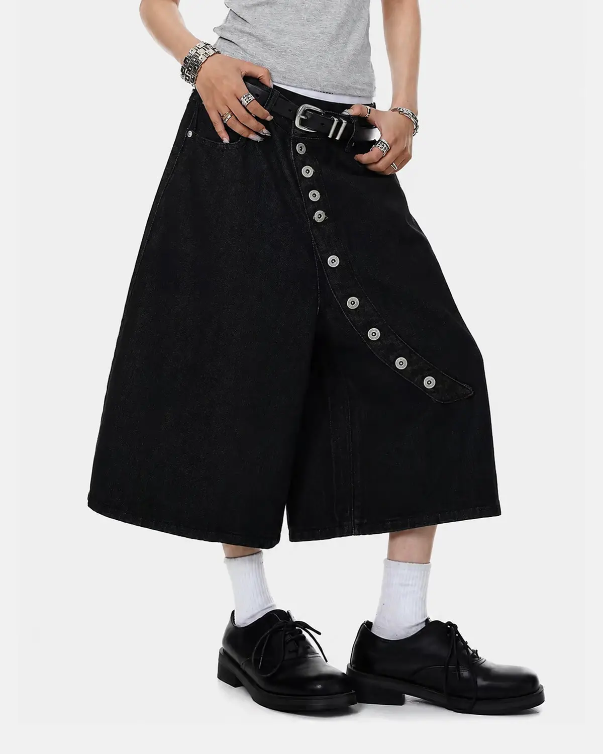 Asymmetric Button Raw Denim Jorts | Inflation Streetwear - Image 5