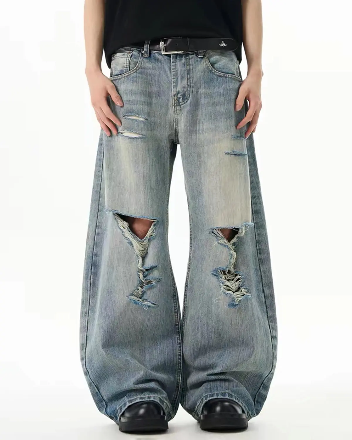 Bamboo Weave Distressed Baggy Jeans | Inflation Streetwear - Image 2
