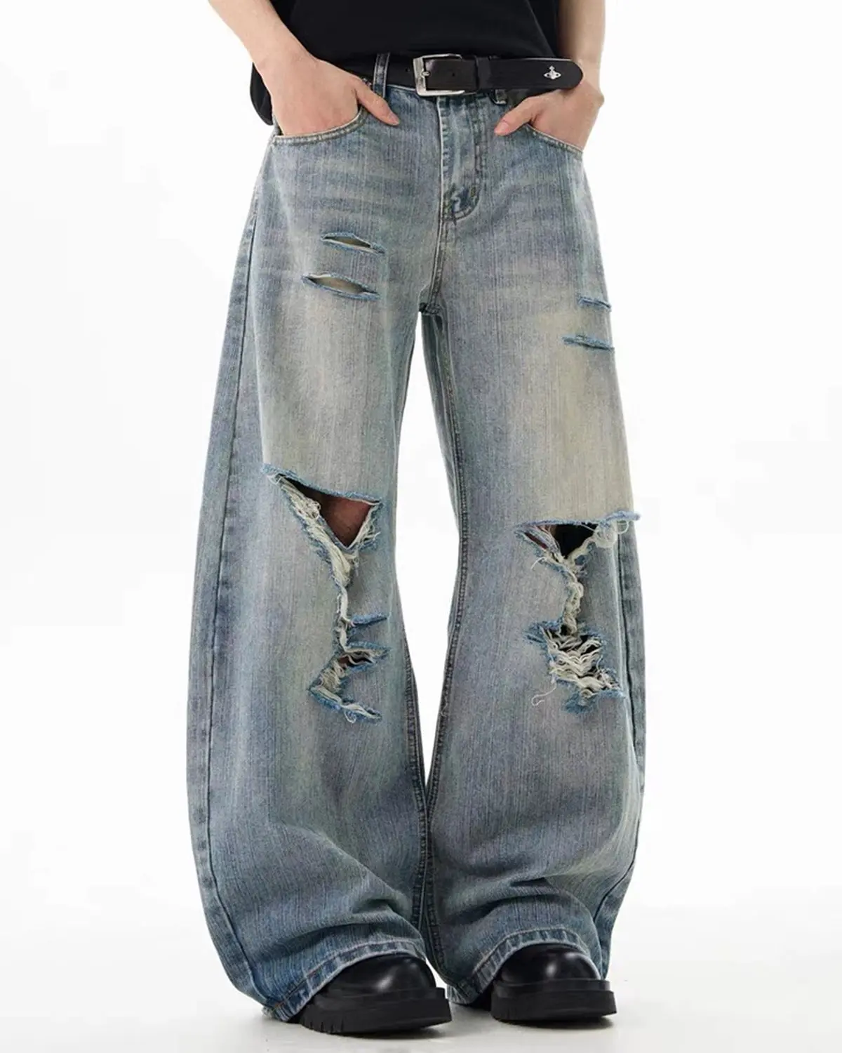Bamboo Weave Distressed Baggy Jeans | Inflation Streetwear - Image 3