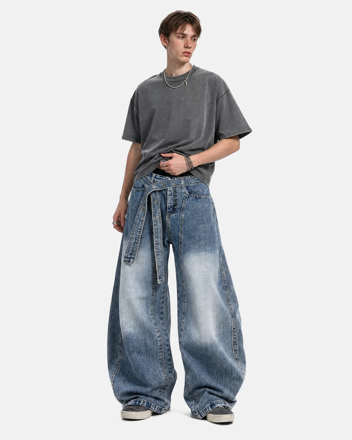 Belted Bamboo Weave Barrel Jeans | Inflation Streetwear - Image 3