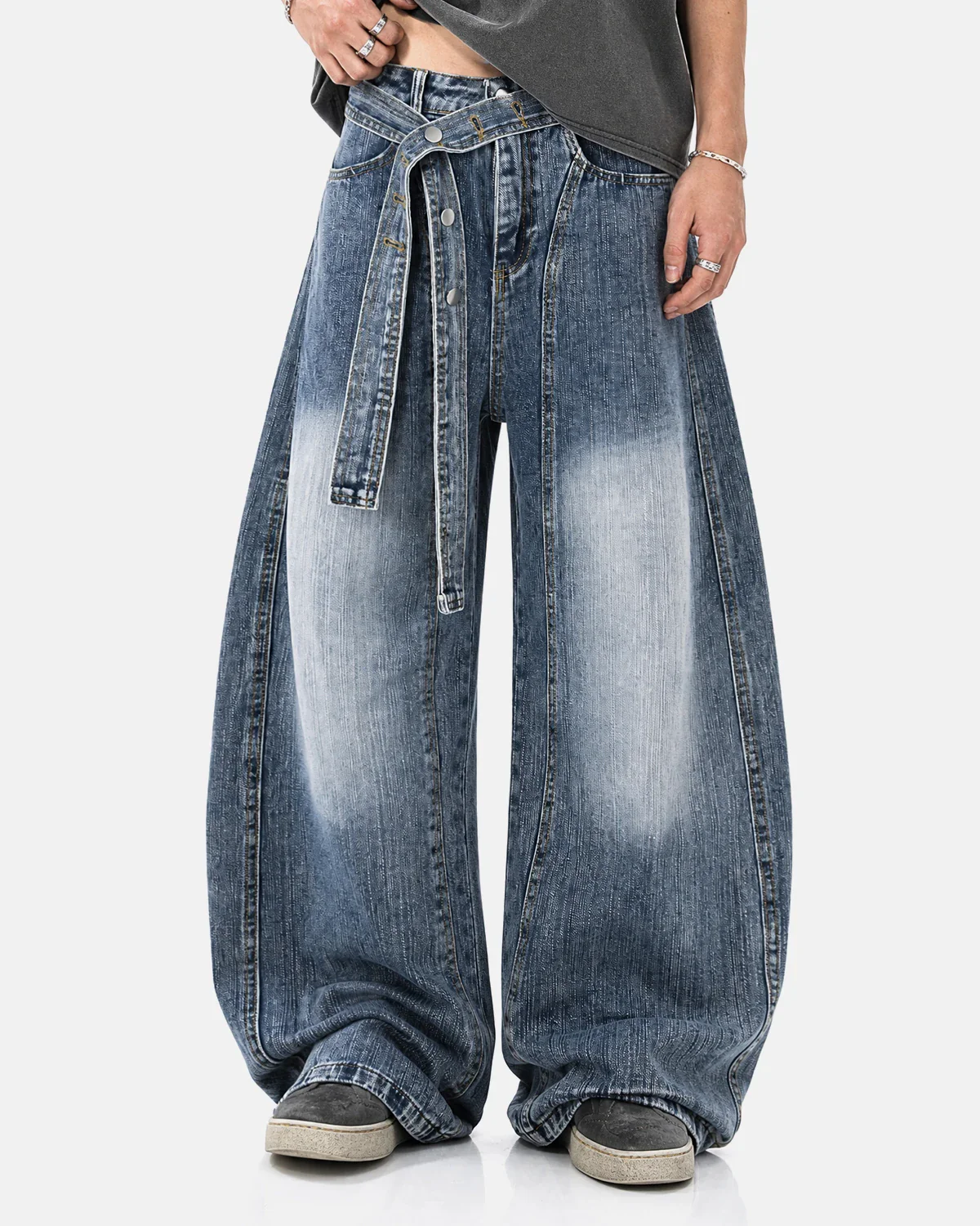 Belted Bamboo Weave Barrel Jeans | Inflation Streetwear - Image 5