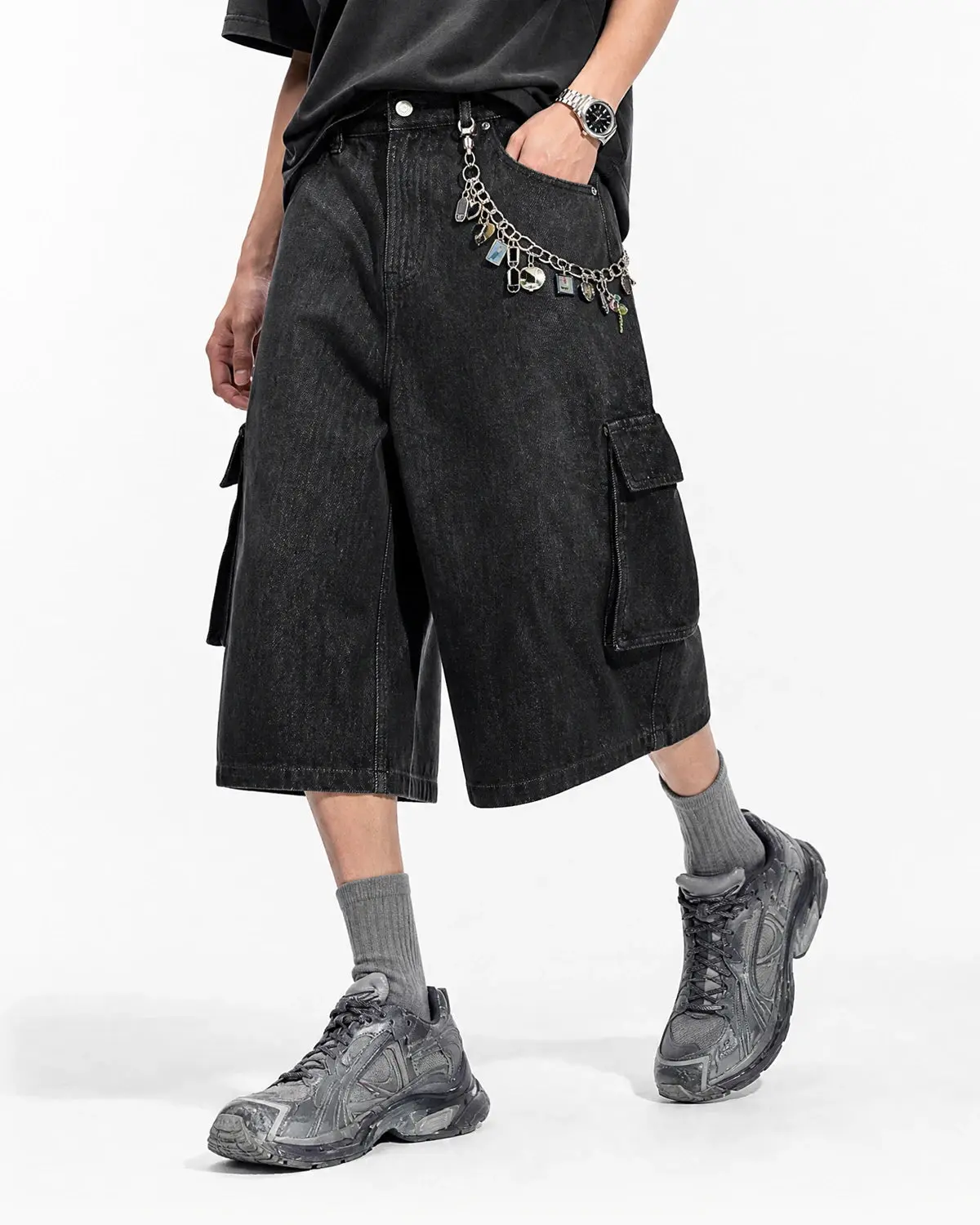 Black Cargo Longline Jorts | Inflation Streetwear - Image 2