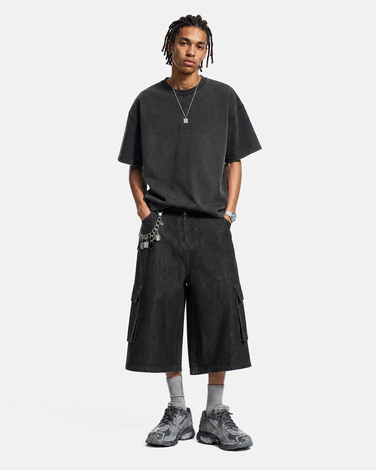 Black Cargo Longline Jorts | Inflation Streetwear - Image 3