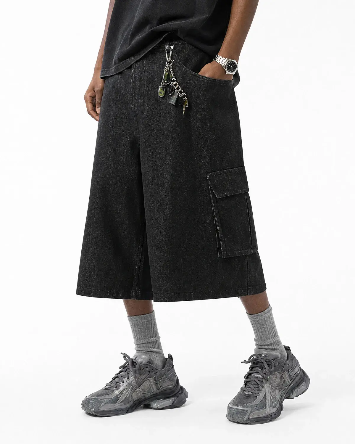 Black Cargo Longline Jorts | Inflation Streetwear - Image 5