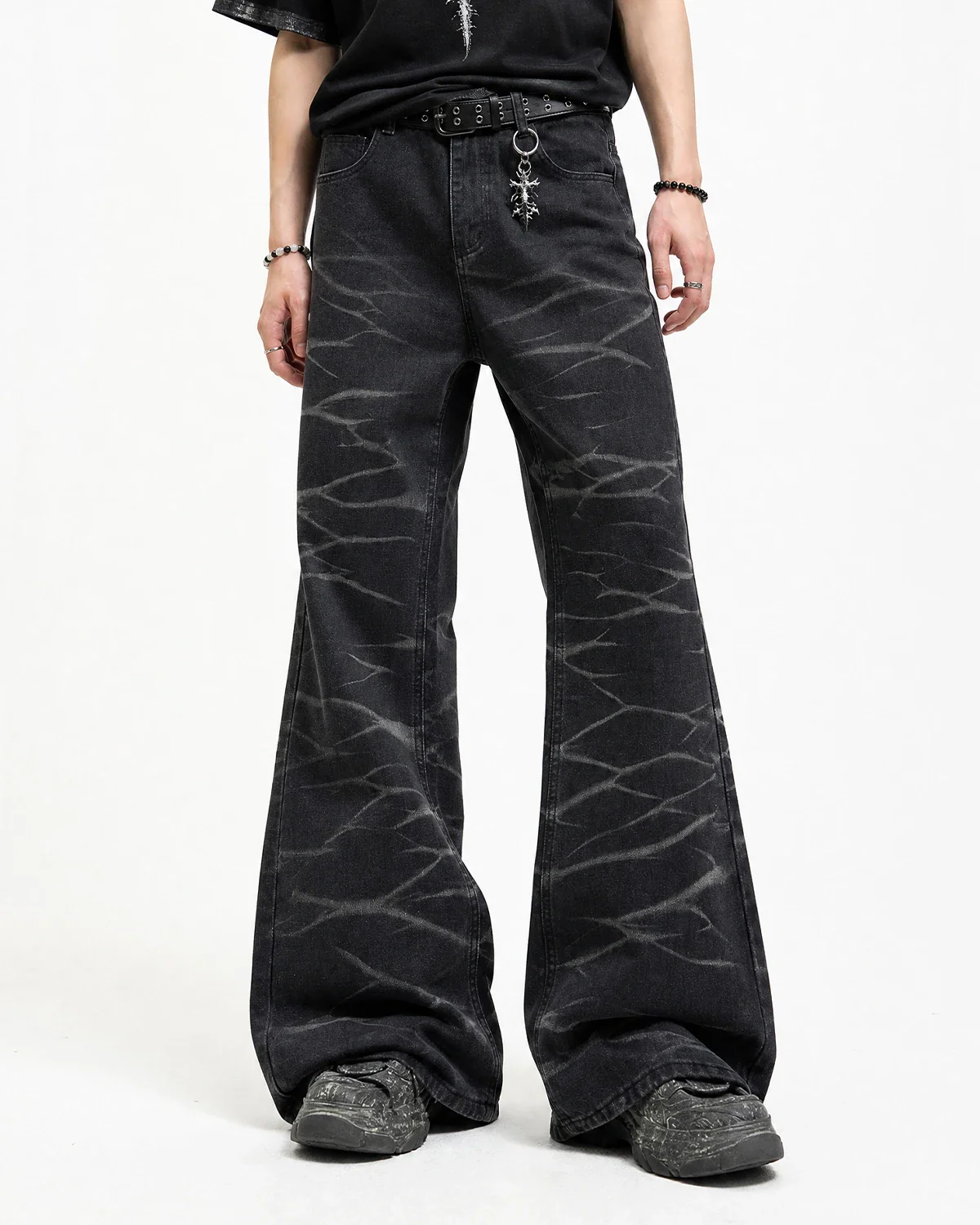 Black Whisker Wash Bootcut Jeans | Inflation Streetwear - Image 2