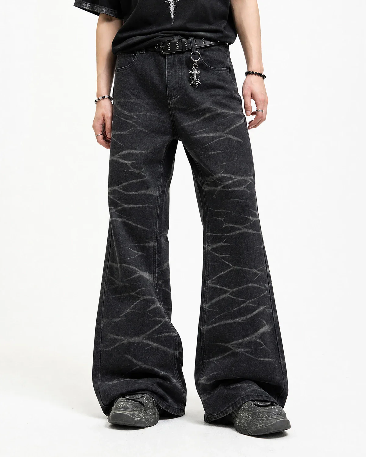 Black Whisker Wash Bootcut Jeans | Inflation Streetwear - Image 3