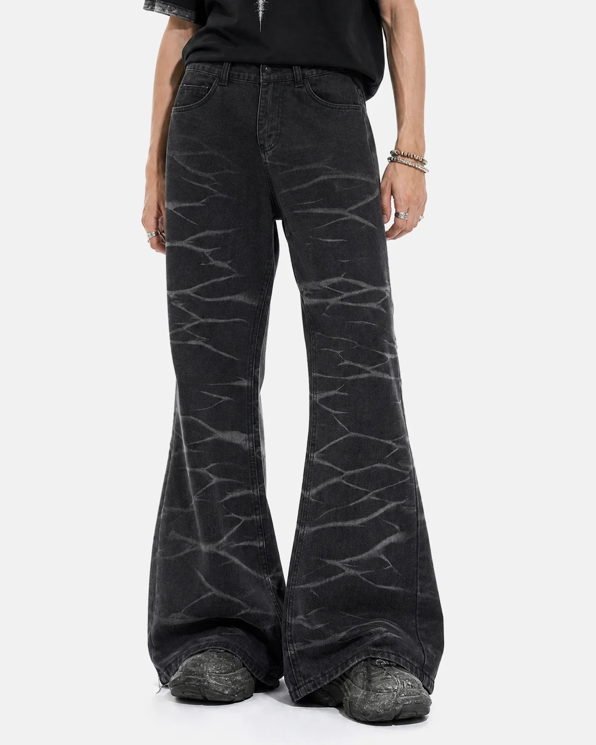 Black Whisker Wash Bootcut Jeans | Inflation Streetwear - Image 4