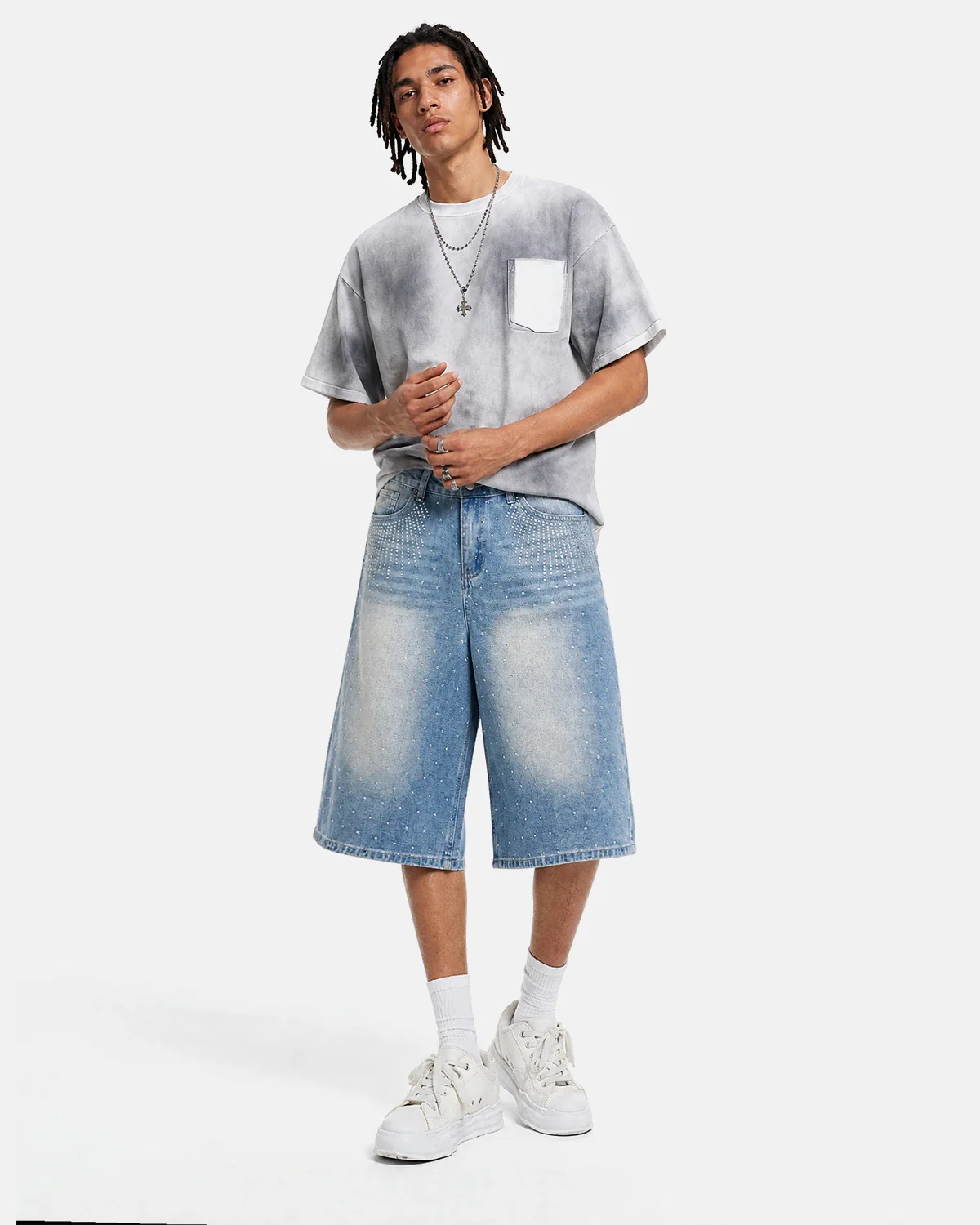 Blue Rhinestone Baggy Jeans Shorts | Inflation Streetwear - Image 3