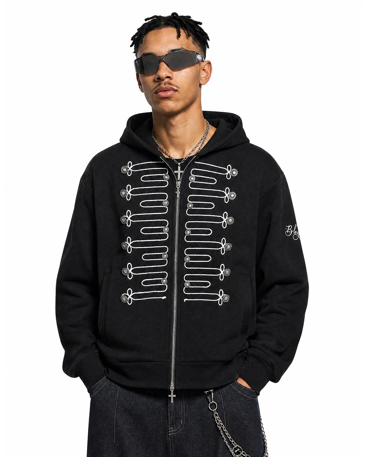 Braided Embroidery Boxy Zip Up Hoodie | Inflation Streetwear - Image 2