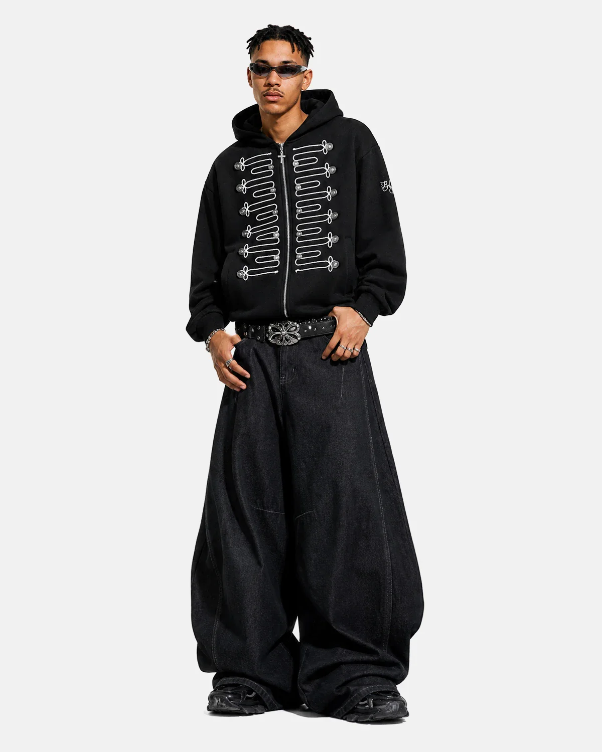 Braided Embroidery Boxy Zip Up Hoodie | Inflation Streetwear - Image 3