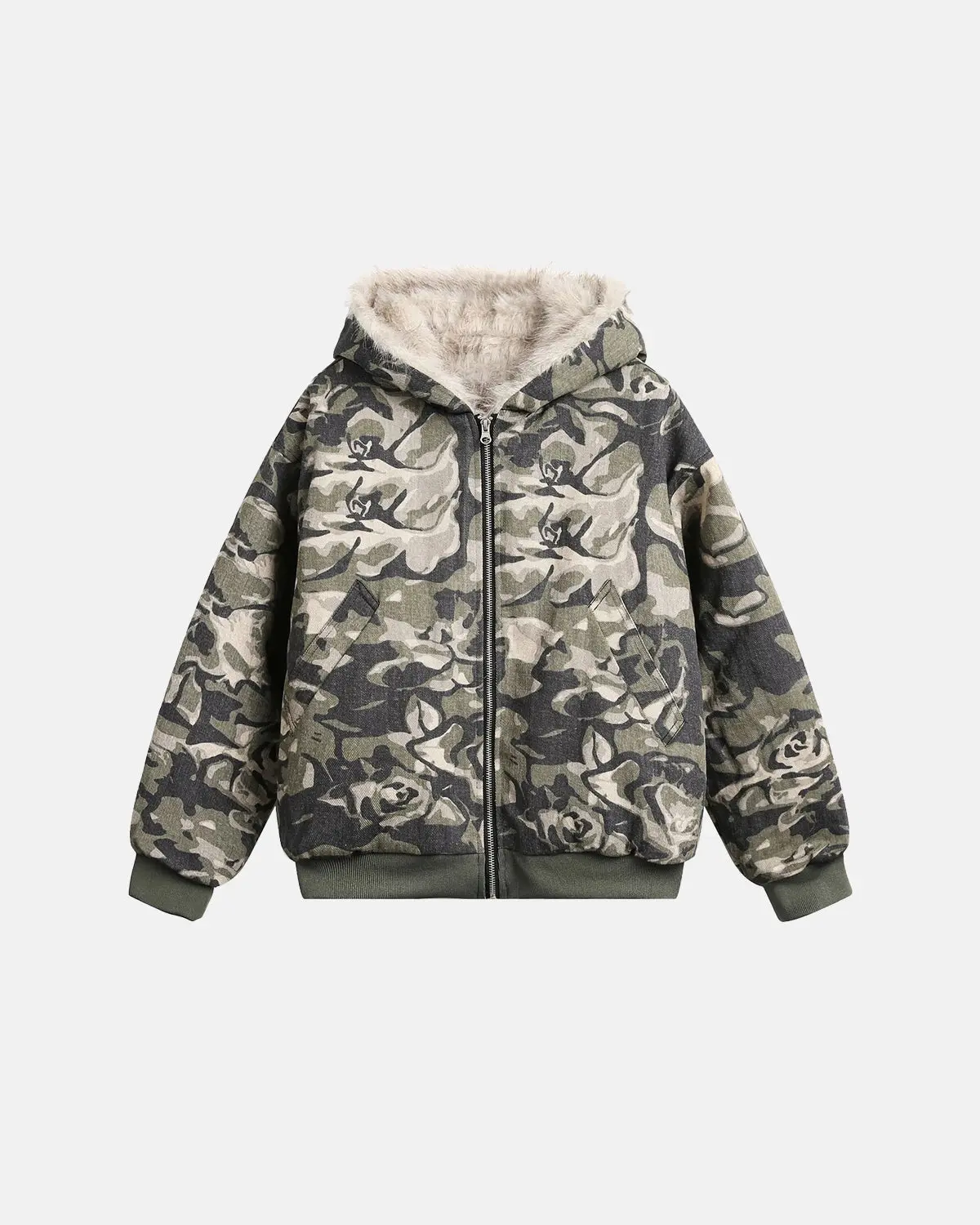 Camo Faux Fur Padded Hooded Jacket | INFLATION Streetwear - Image 3