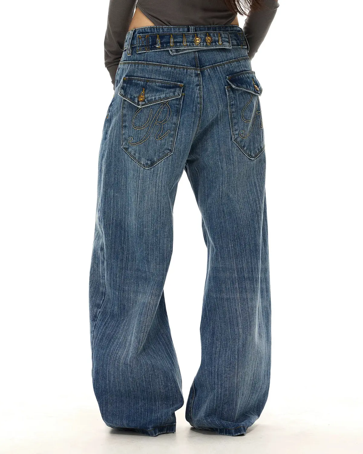 Cinch Back Washed Bamboo Weave Baggy Jeans | Inflation Streetwear - Image 3