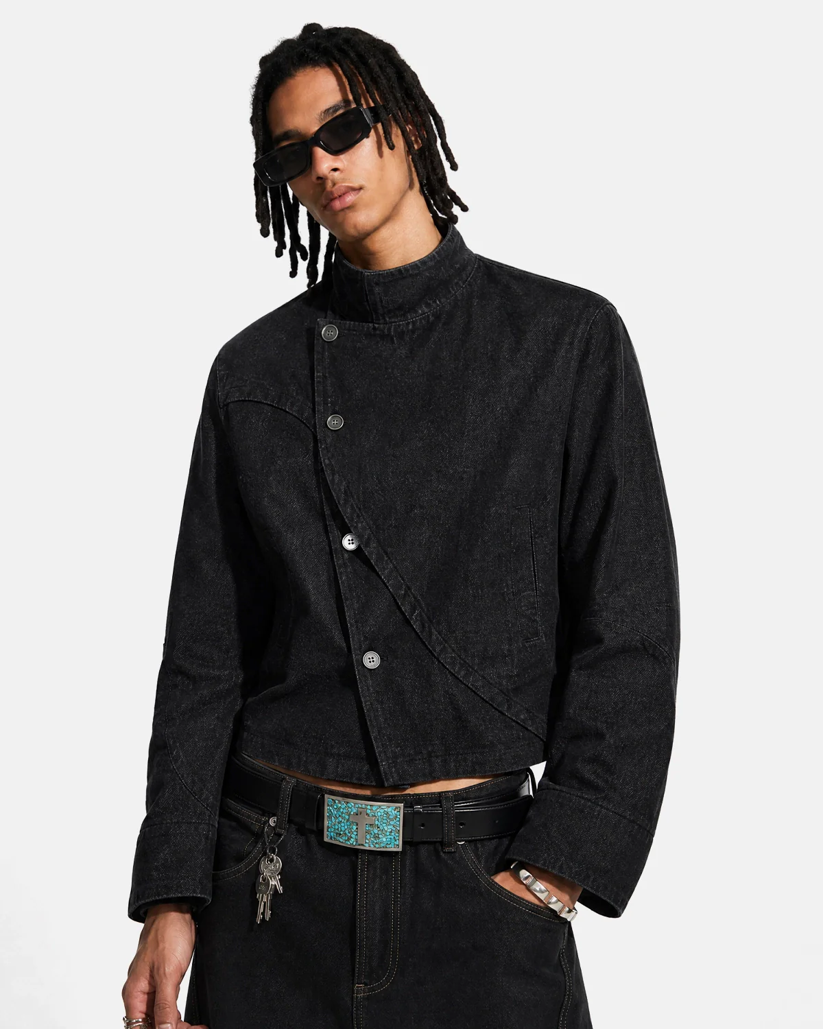 Cropped Asymmetric Button Denim Jacket | Inflation Streetwear - Image 4