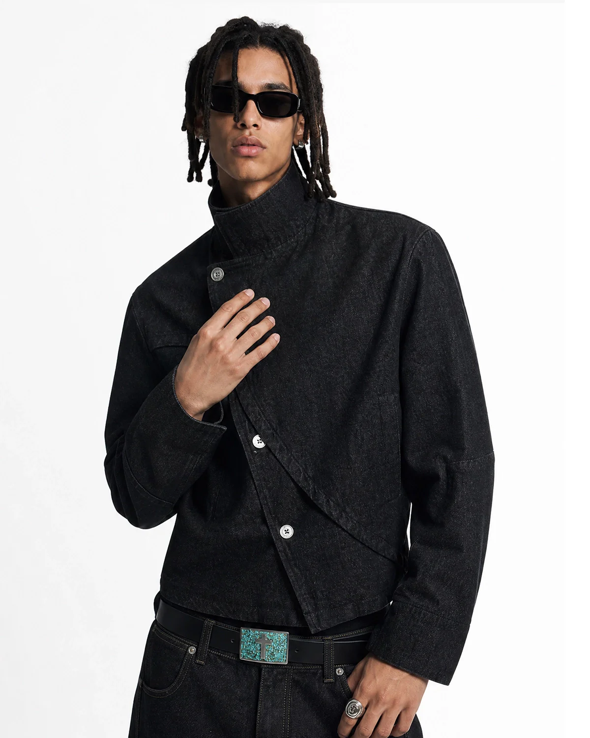 Cropped Asymmetric Button Denim Jacket | Inflation Streetwear - Image 5