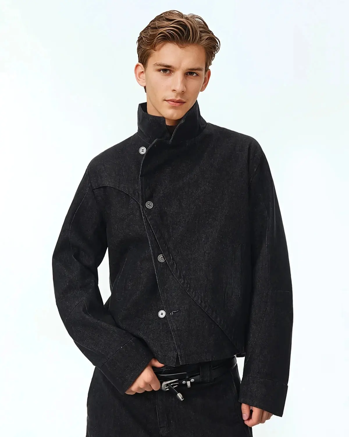 Cropped Asymmetric Button Denim Jacket | Inflation Streetwear - Image 6