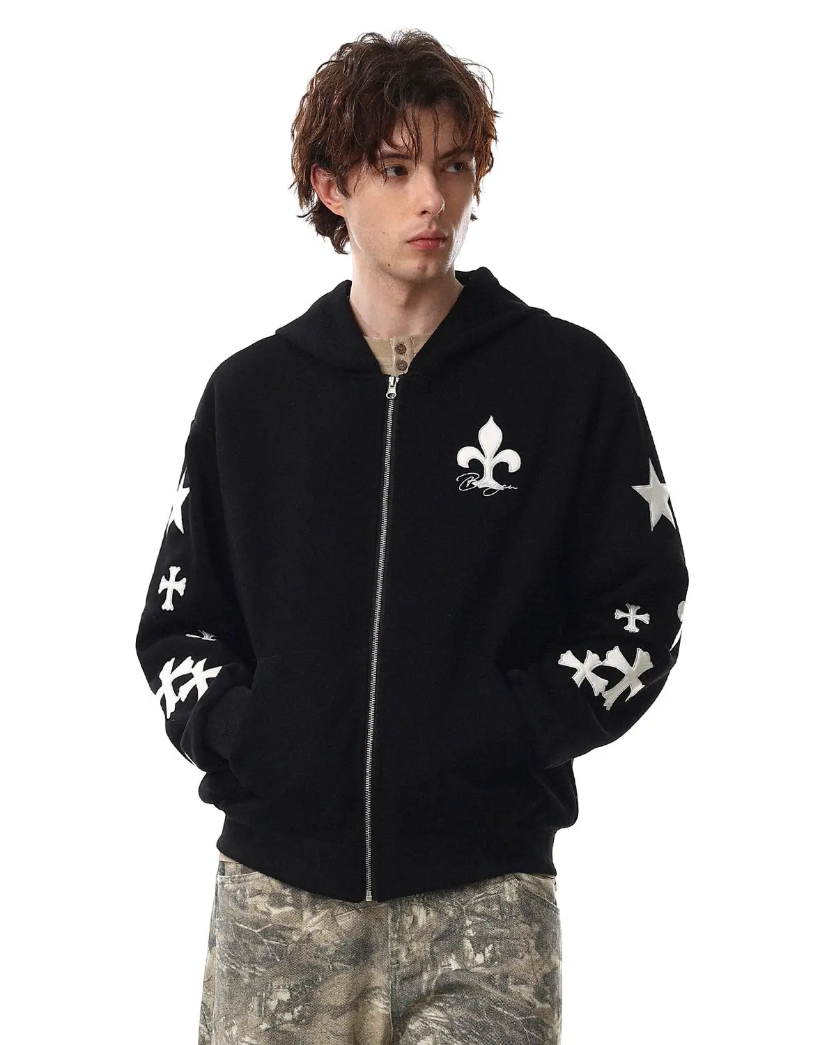 Cross PU Patch Embroidery Zip Up Hoodies | Inflation Streetwear - Image 7