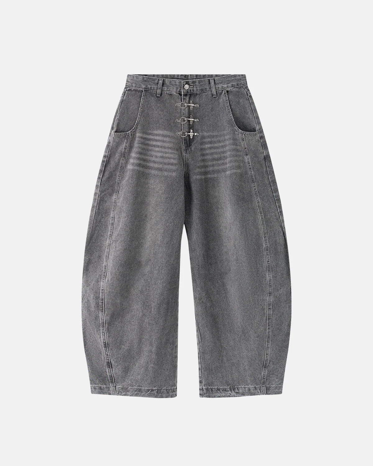 Metal Clasp Grey Barrel Jeans | Inflation Streetwear