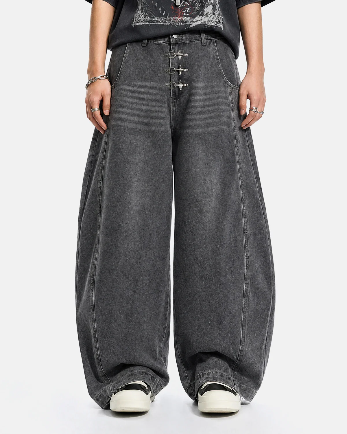 Metal Clasp Grey Barrel Jeans | Inflation Streetwear - Image 2