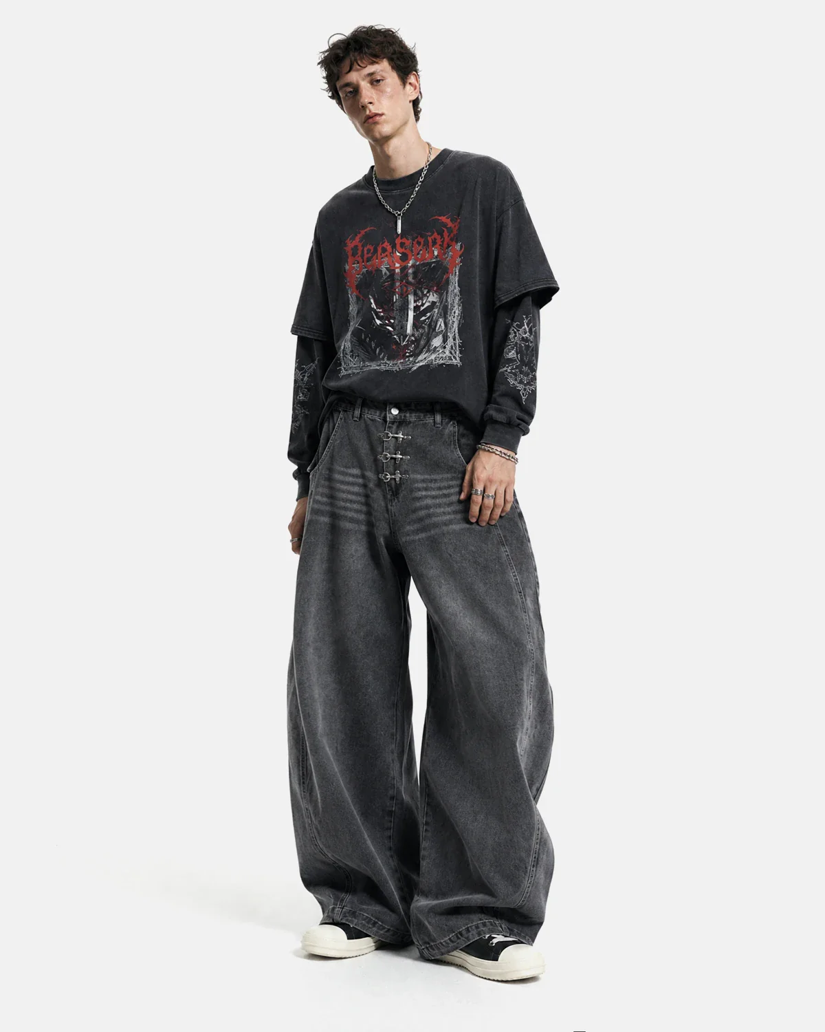 Metal Clasp Grey Barrel Jeans | Inflation Streetwear - Image 3