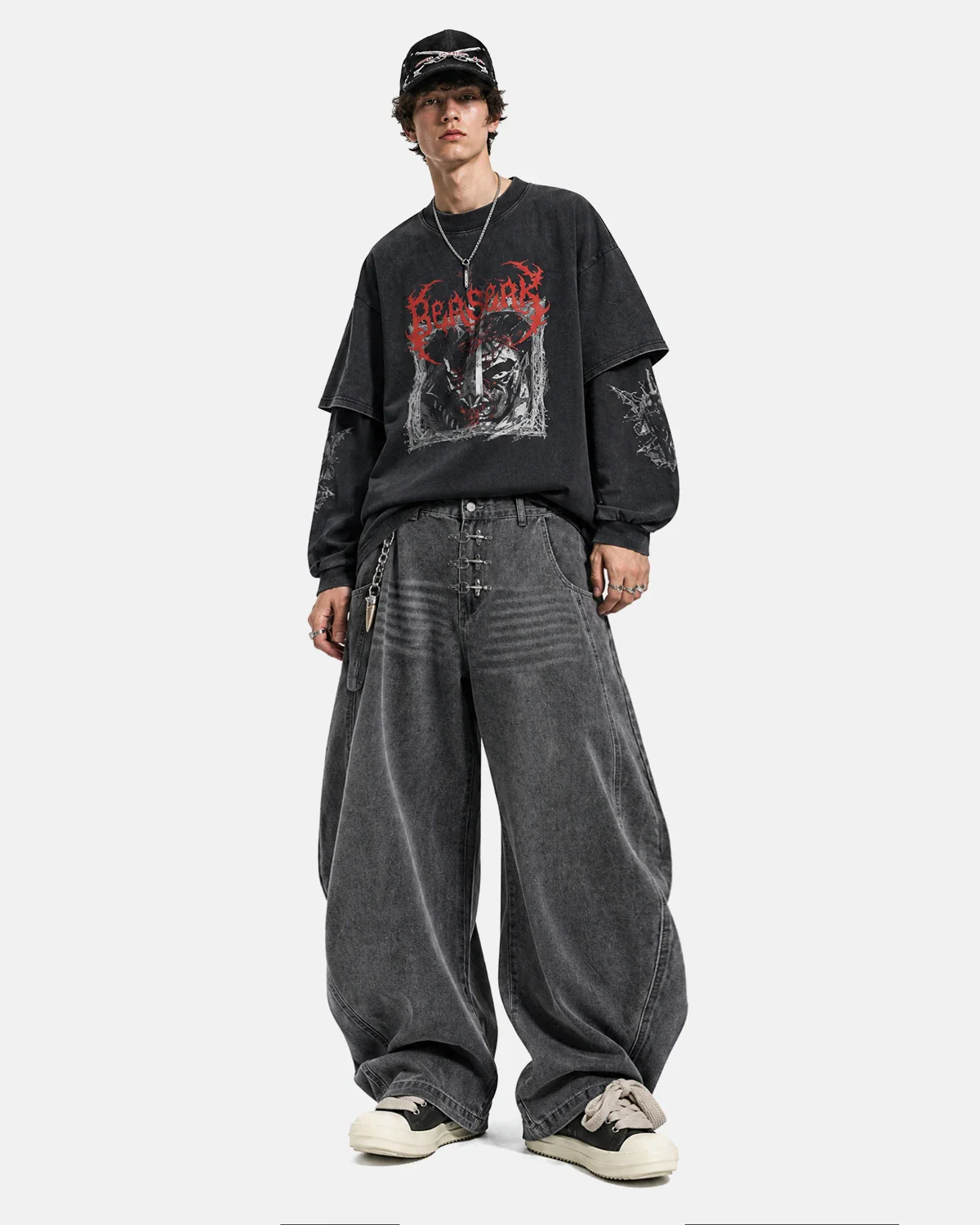 Metal Clasp Grey Barrel Jeans | Inflation Streetwear - Image 4