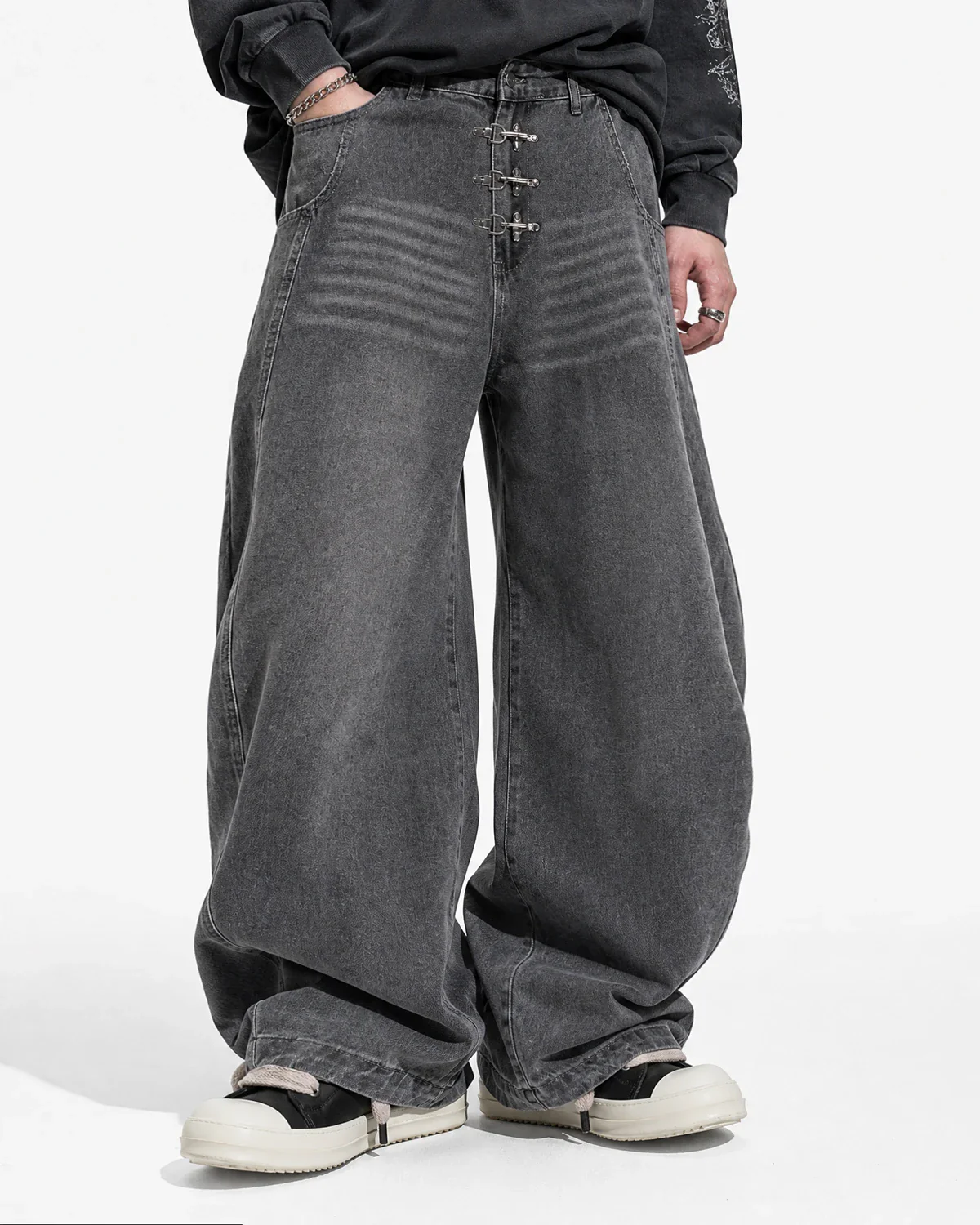 Metal Clasp Grey Barrel Jeans | Inflation Streetwear - Image 5