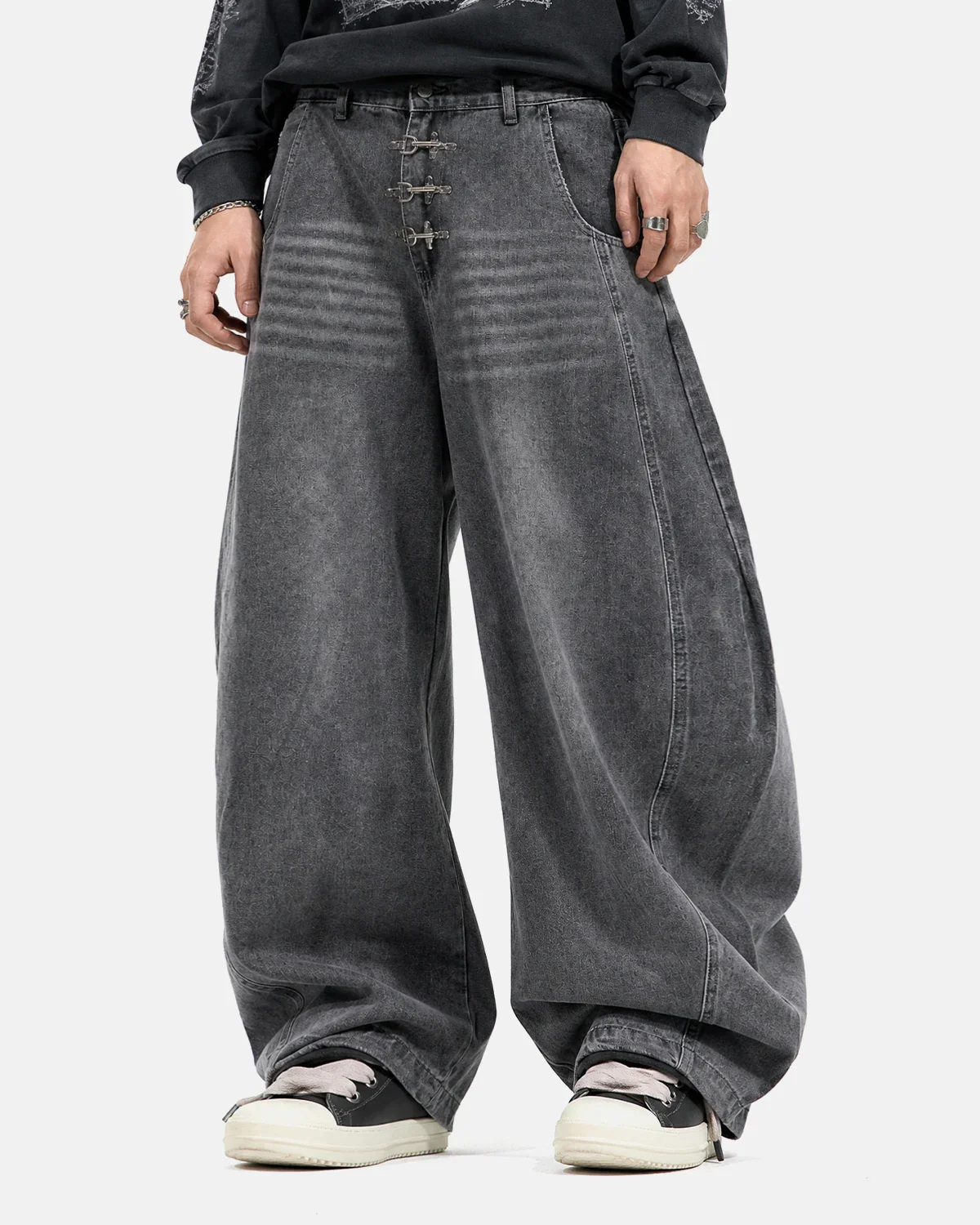 Metal Clasp Grey Barrel Jeans | Inflation Streetwear - Image 6