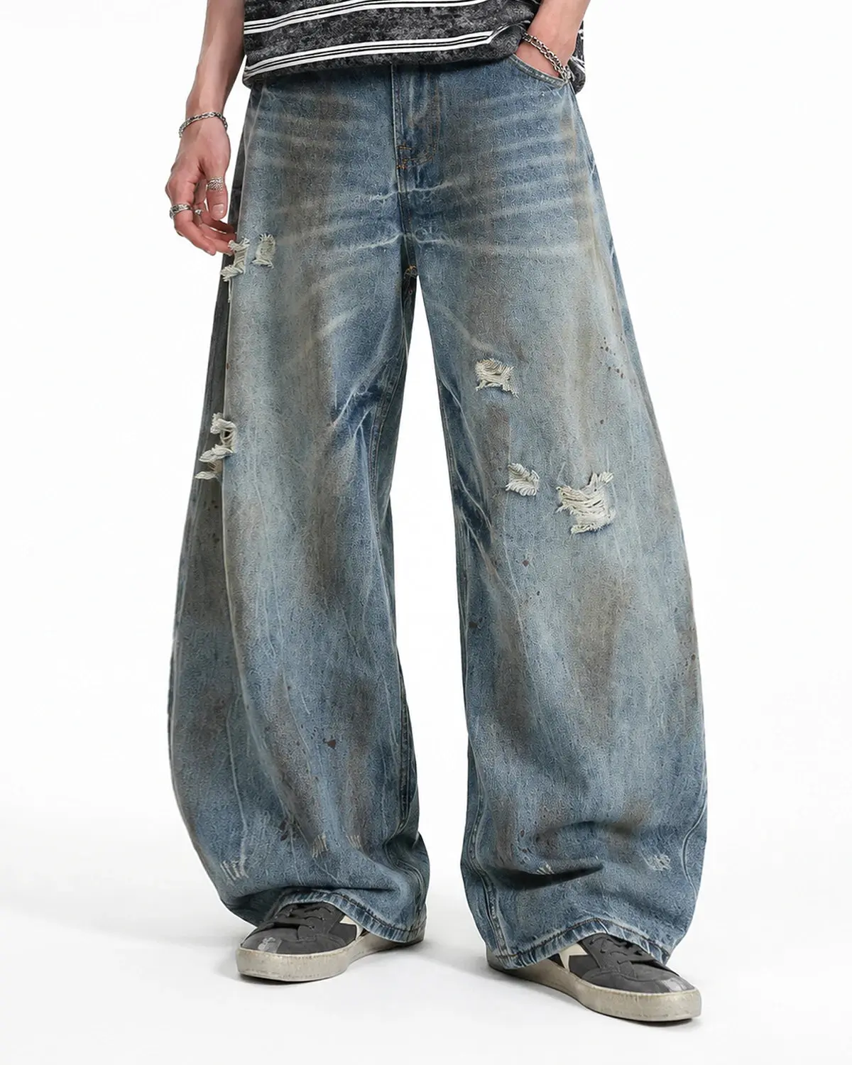Dirty Wash Distressed Barrel Jeans | Inflation Streetwear - Image 2