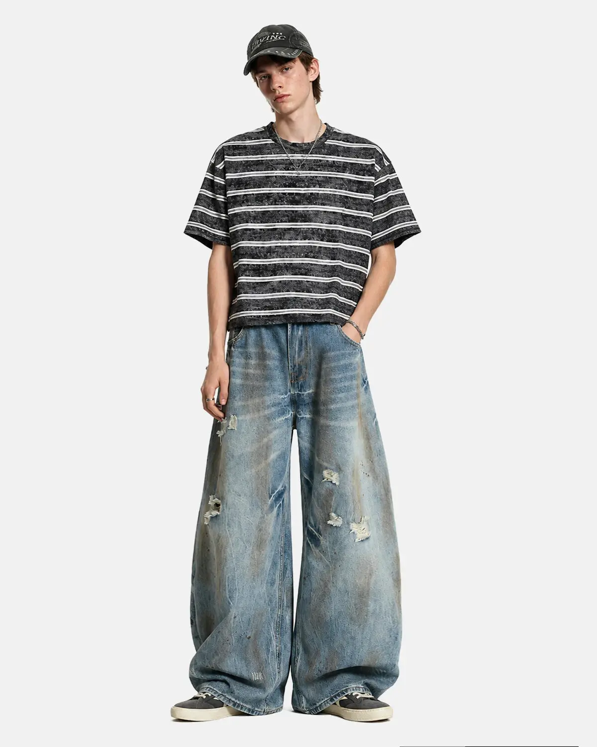 Dirty Wash Distressed Barrel Jeans | Inflation Streetwear - Image 3