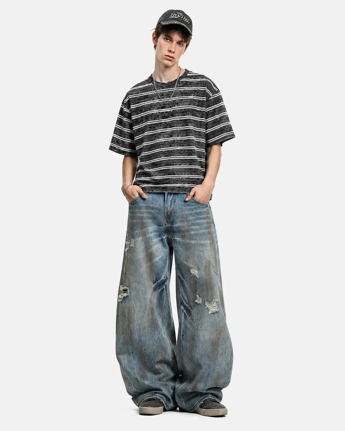 Dirty Wash Distressed Barrel Jeans | Inflation Streetwear - Image 4