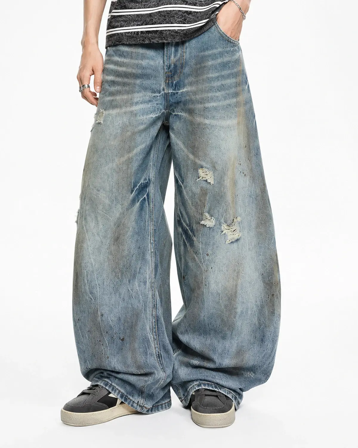 Dirty Wash Distressed Barrel Jeans | Inflation Streetwear - Image 5