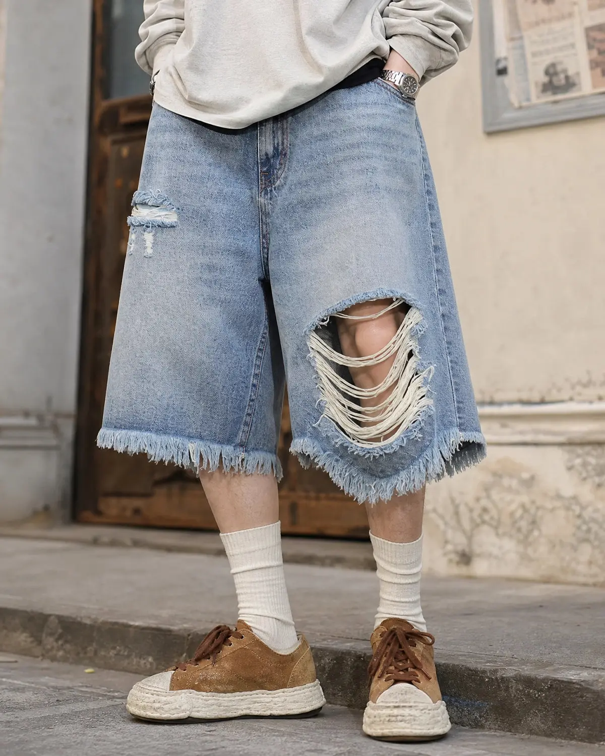 Distressed Baggy Jorts with Adjustable Waist Tabs | Inflation Streetwear - Image 2