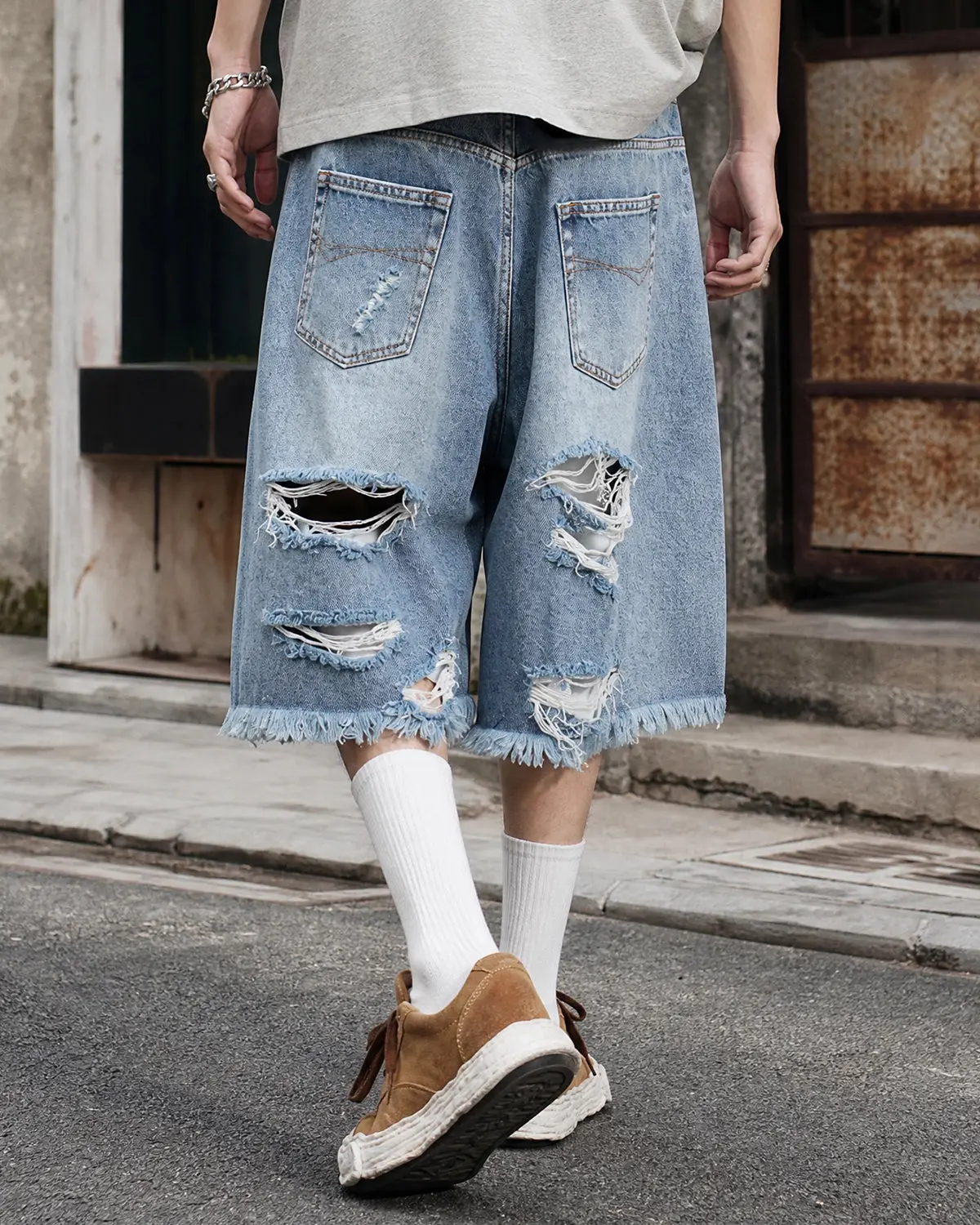 Distressed Baggy Jorts with Adjustable Waist Tabs | Inflation Streetwear - Image 5