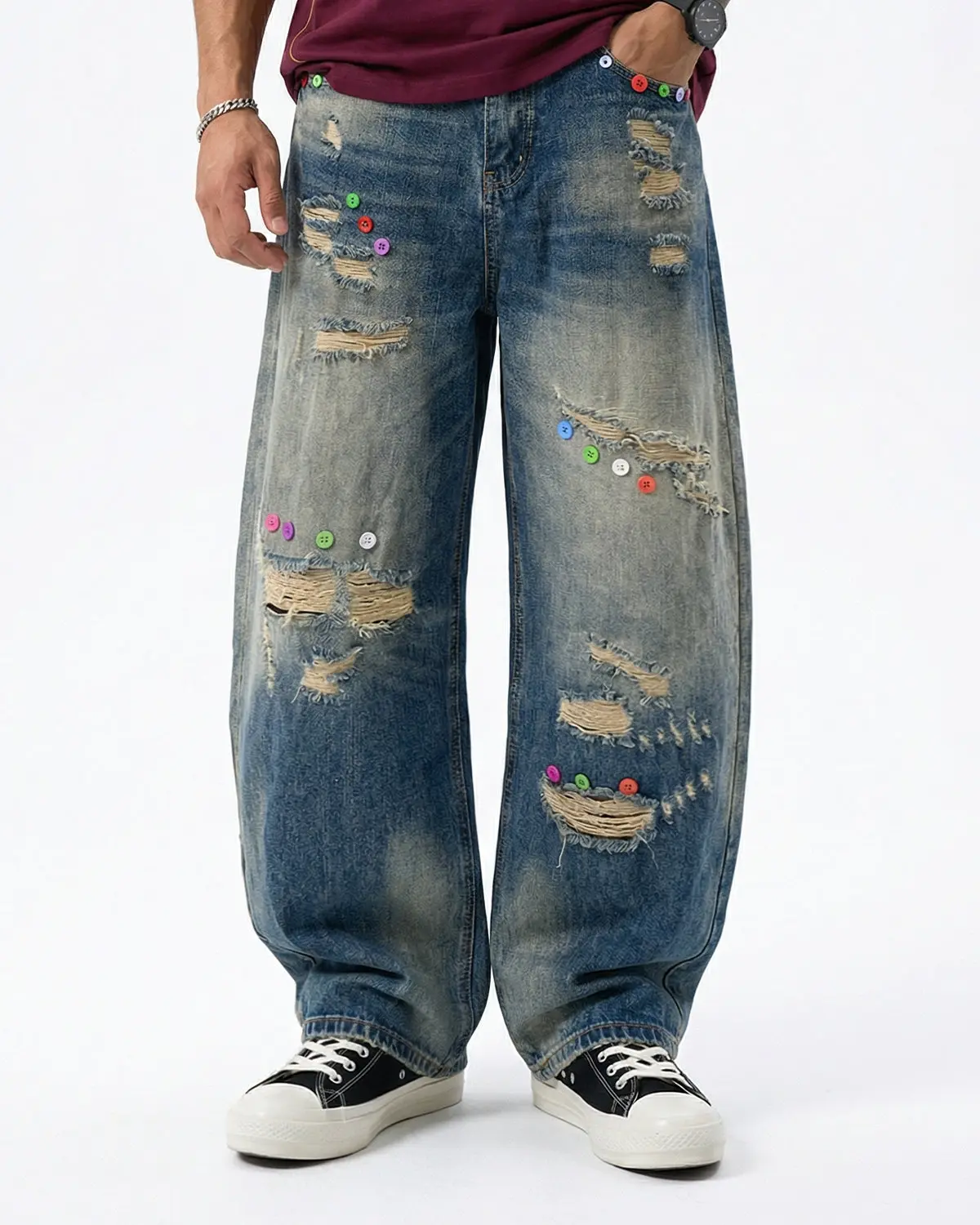 Distressed Button Barrel Jeans | Inflation Streetwear - Image 2