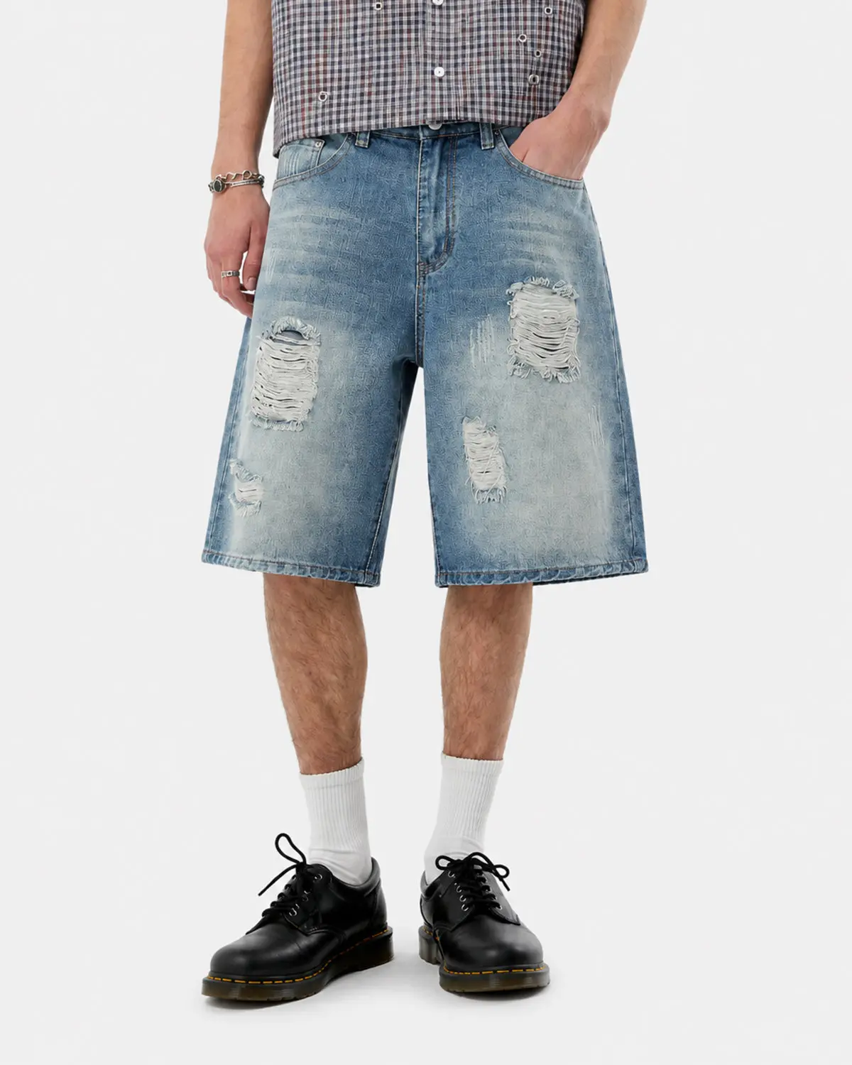 Distressed Washed Knee-Length Jorts | Inflation Streetwear - Image 3