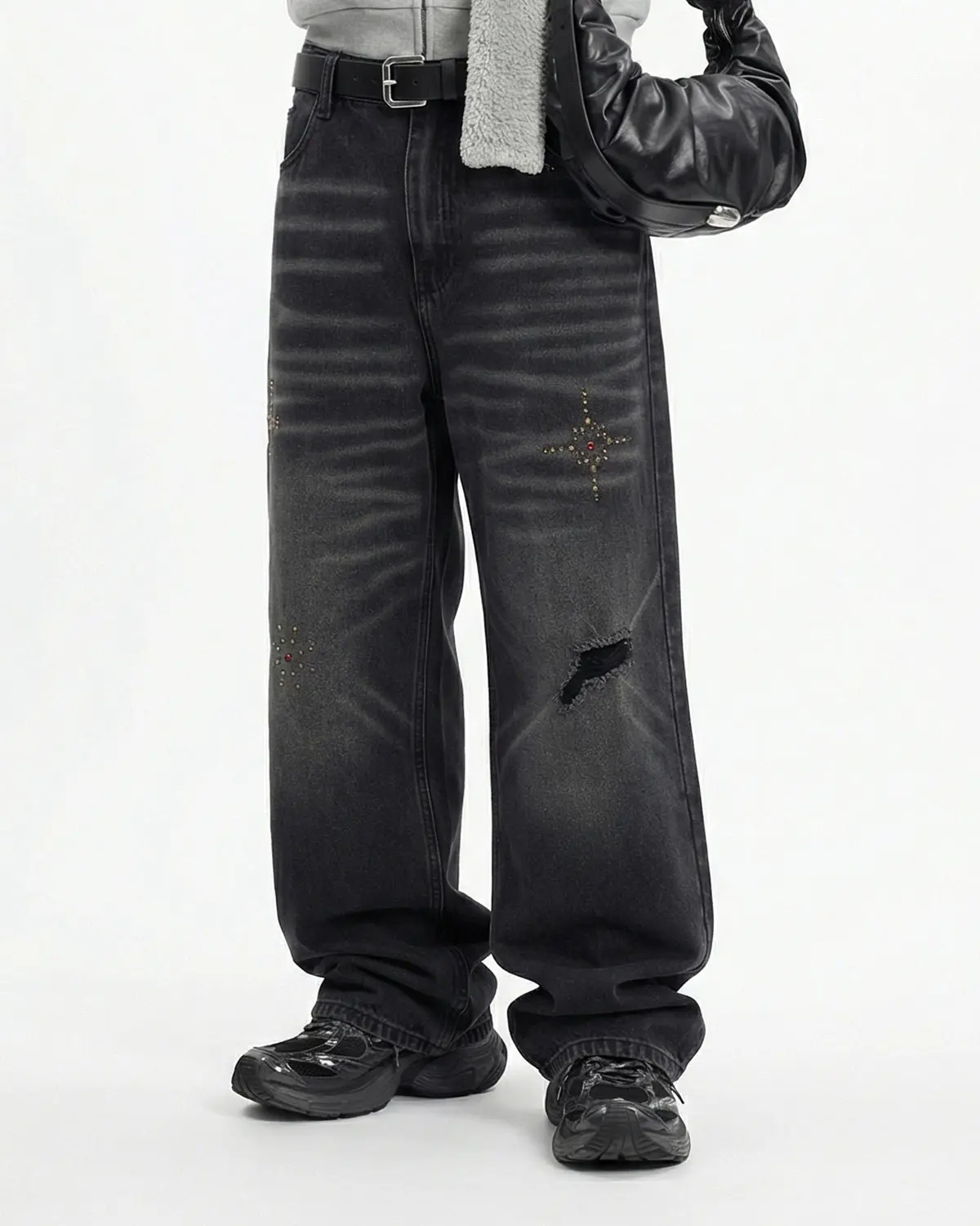 Distressed Rhinestone Ripped Baggy Jeans | Inflation Streetwear - Image 4