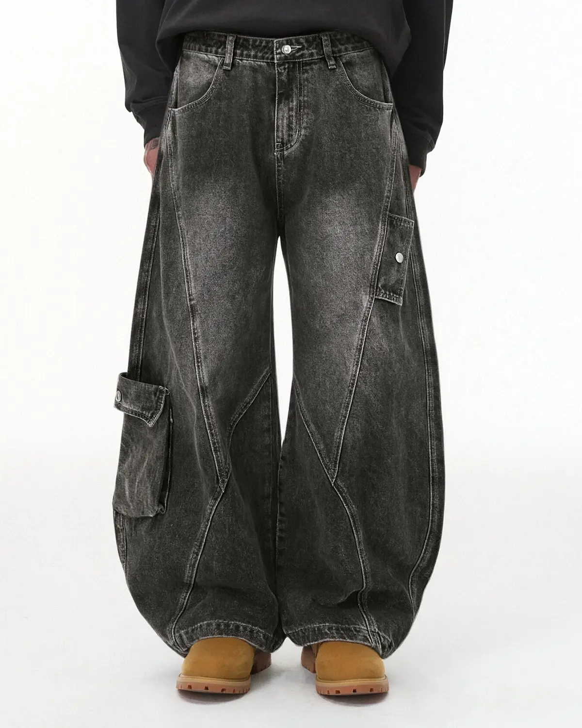 Distressed Washed Cargo Barrel Jeans | Streetwear - Image 2