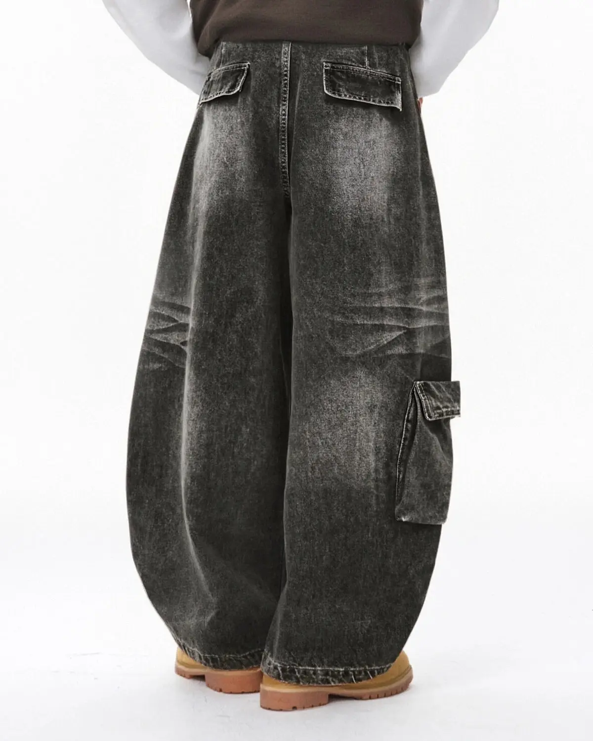 Distressed Washed Cargo Barrel Jeans | Streetwear - Image 4