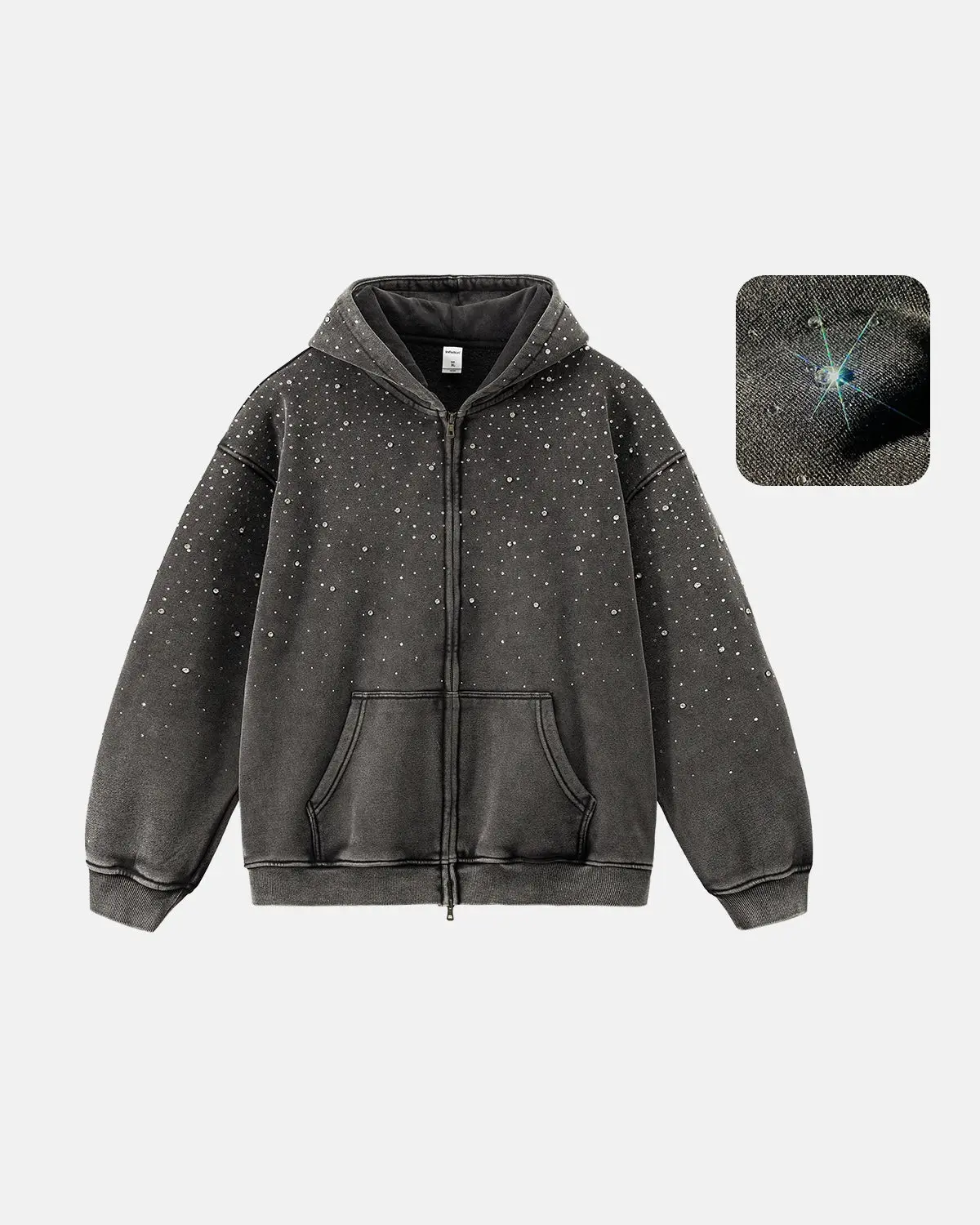 Distressed Washed Fleece Rhinestone Zip Up Hoodies | Inflation Streetwear