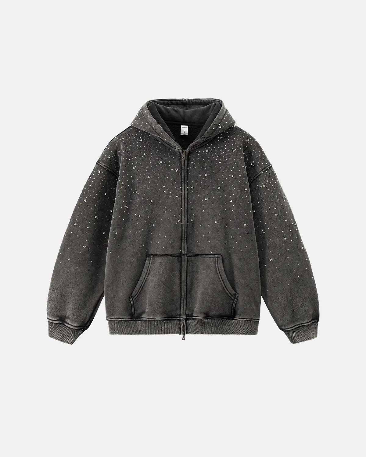 Distressed Washed Fleece Rhinestone Zip Up Hoodies | Inflation Streetwear - Image 3