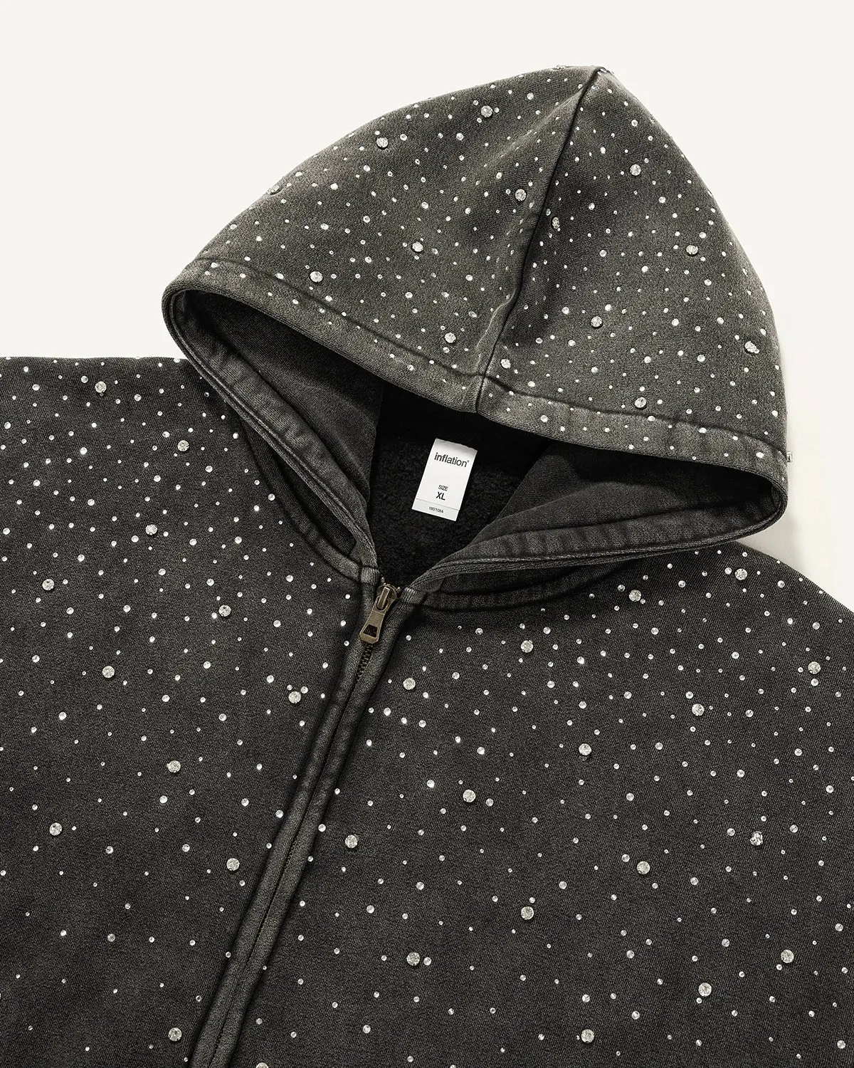 Distressed Washed Fleece Rhinestone Zip Up Hoodies | Inflation Streetwear - Image 4