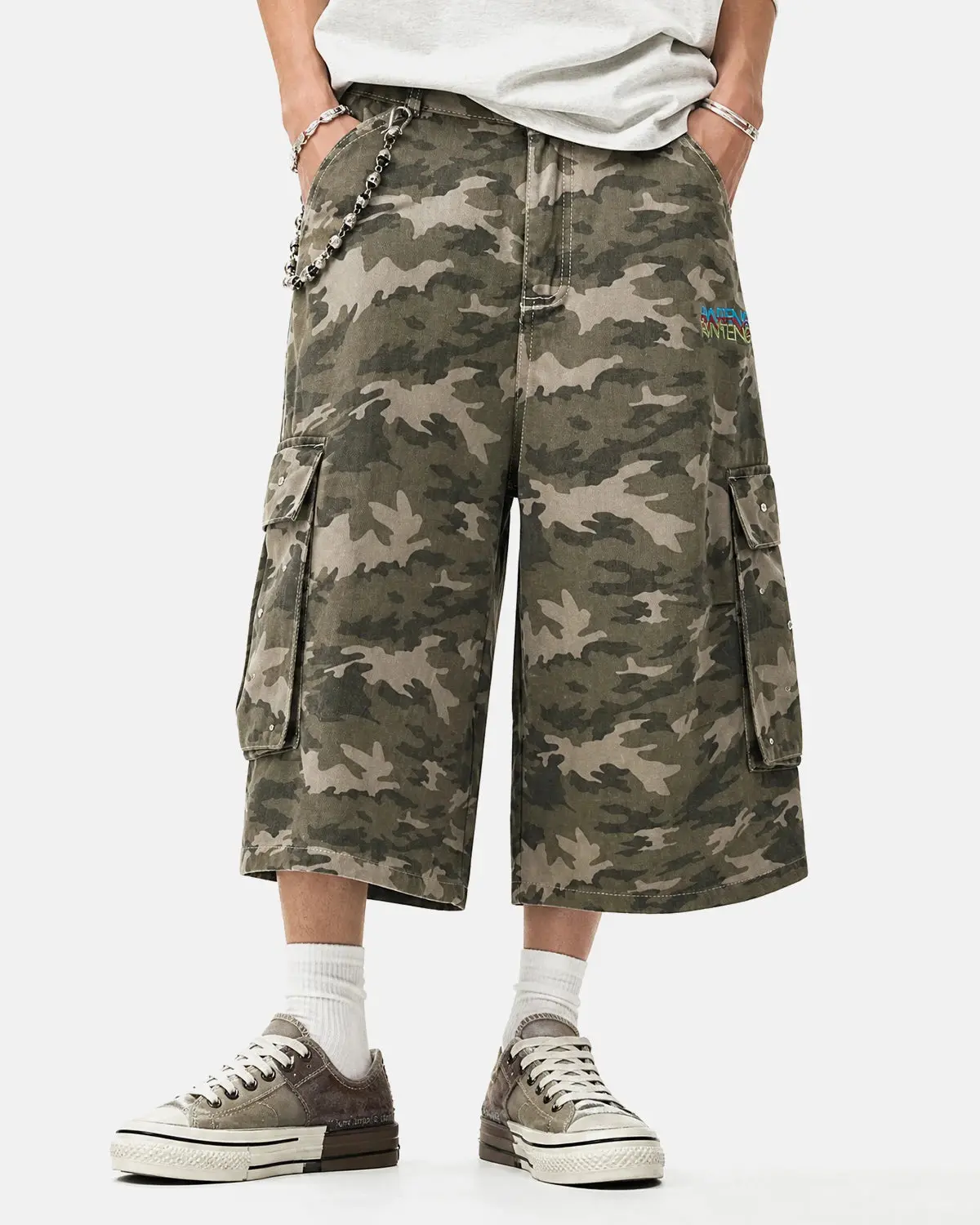 Embroidered Camo Cargo Longline Shorts | Inflation Streetwear - Image 2