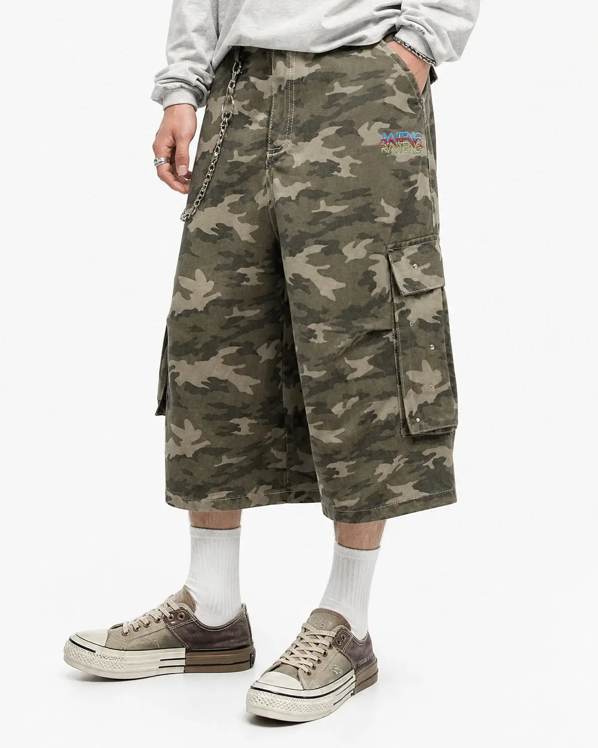 Embroidered Camo Cargo Longline Shorts | Inflation Streetwear - Image 5