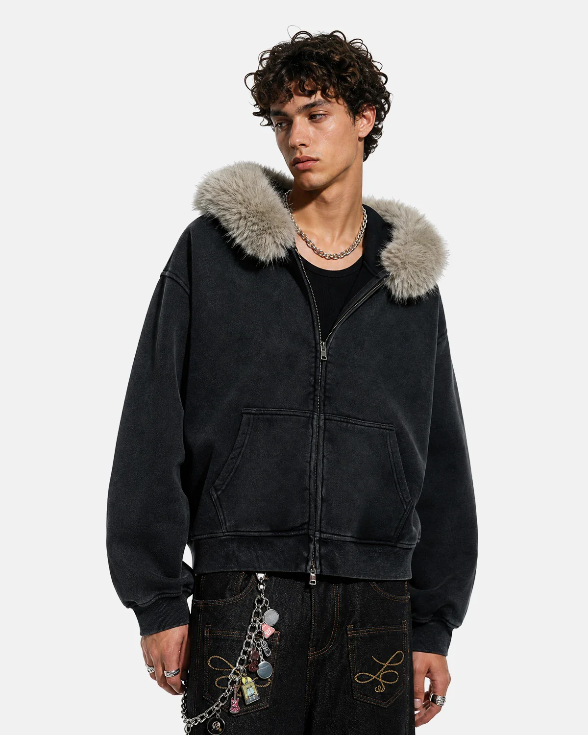 Faux Fur Collar Distressed Zip Up Hoodies | Inflation Streetwear - Image 2
