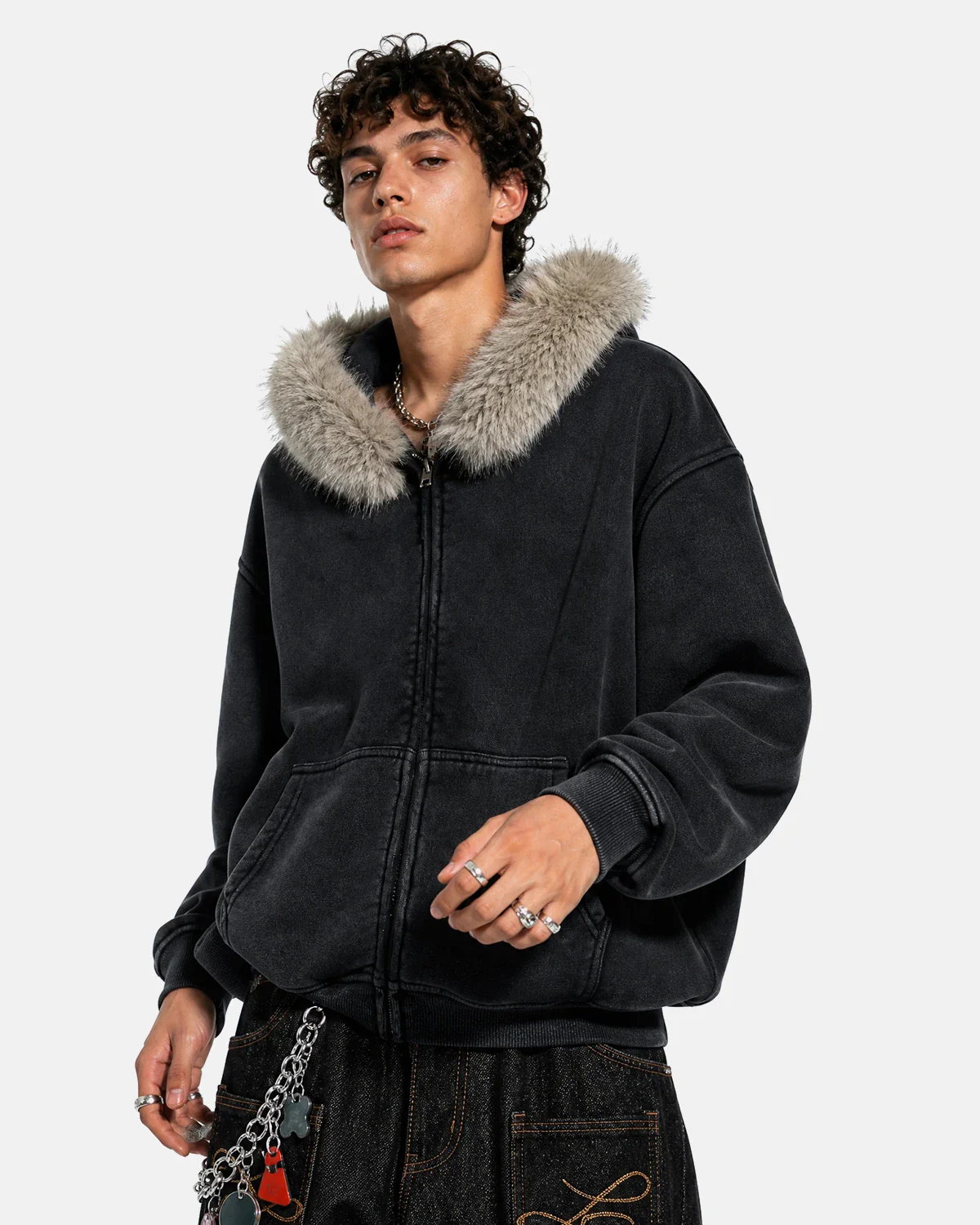 Faux Fur Collar Distressed Zip Up Hoodies | Inflation Streetwear - Image 3