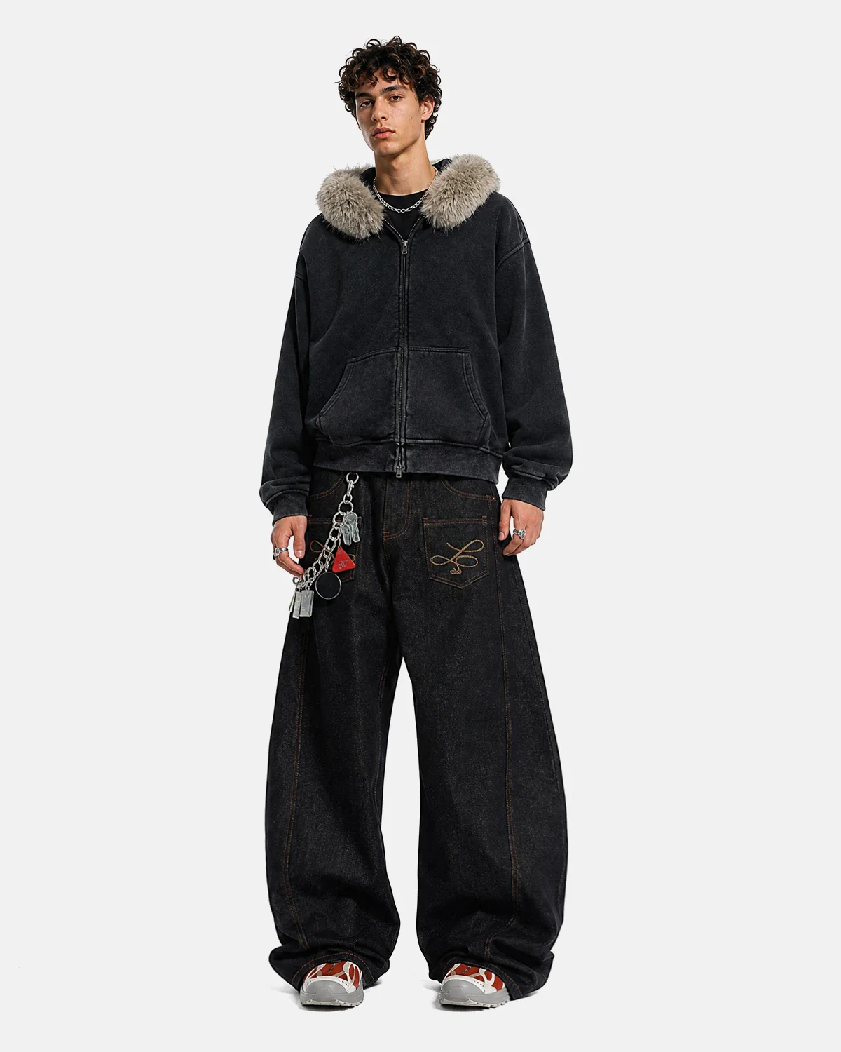 Faux Fur Collar Distressed Zip Up Hoodies | Inflation Streetwear - Image 4