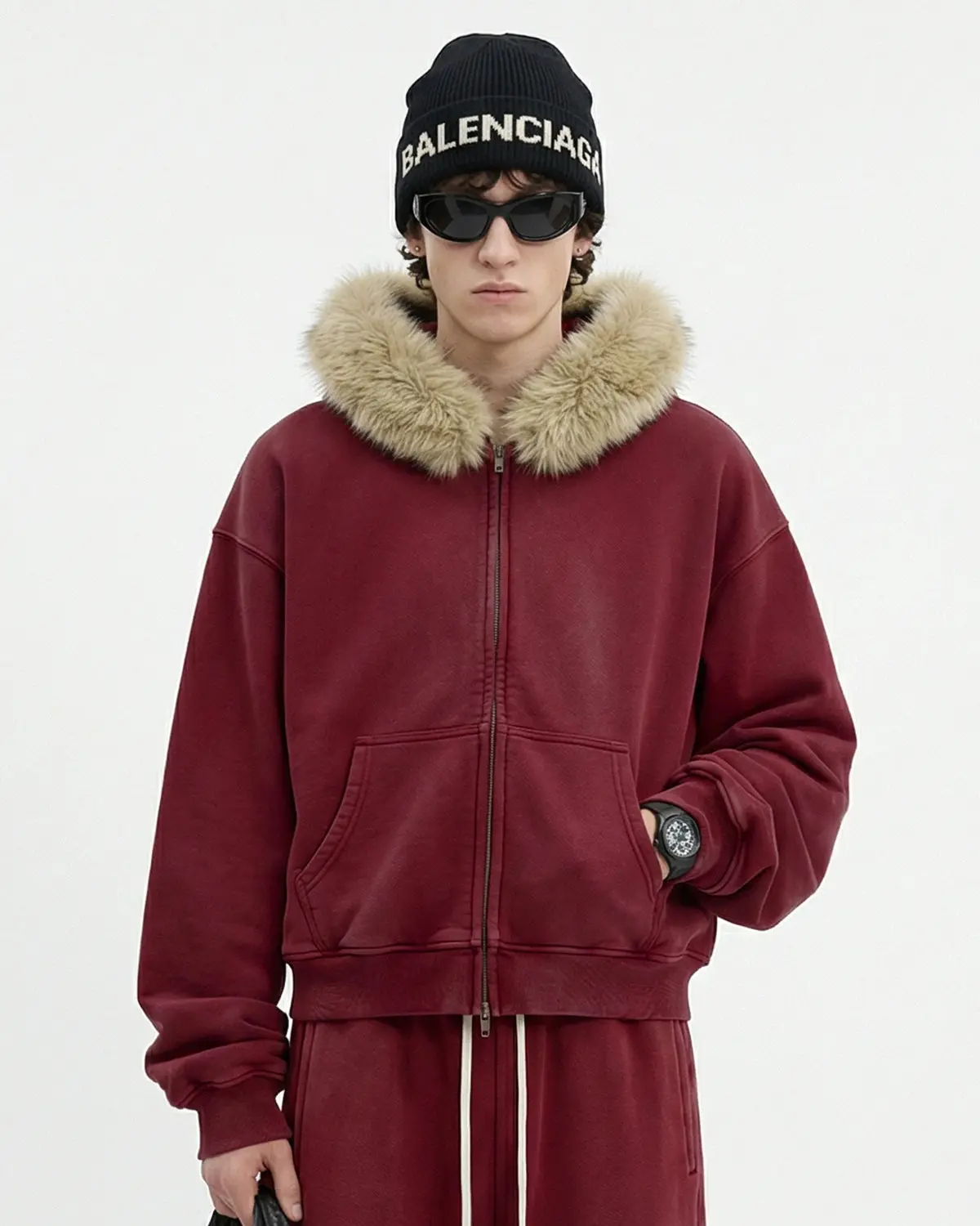 Faux Fur Collar Distressed Zip Up Hoodies | Inflation Streetwear - Image 5