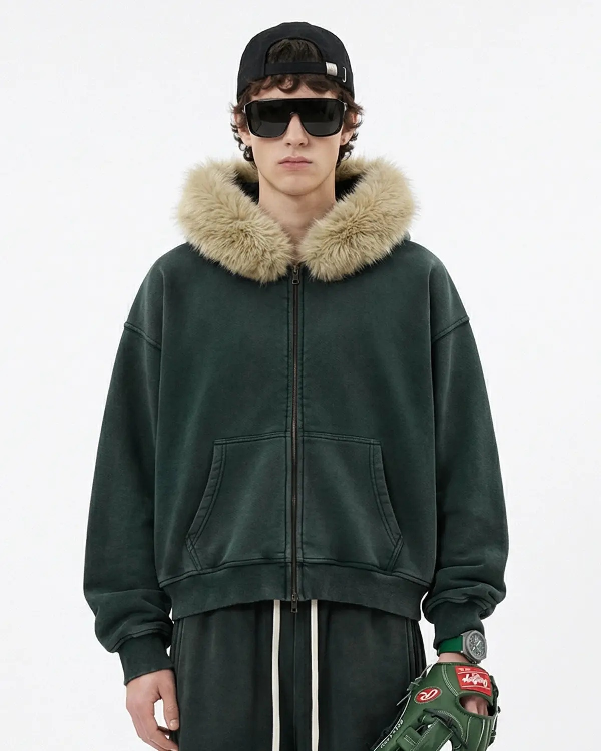 Faux Fur Collar Distressed Zip Up Hoodies | Inflation Streetwear - Image 7