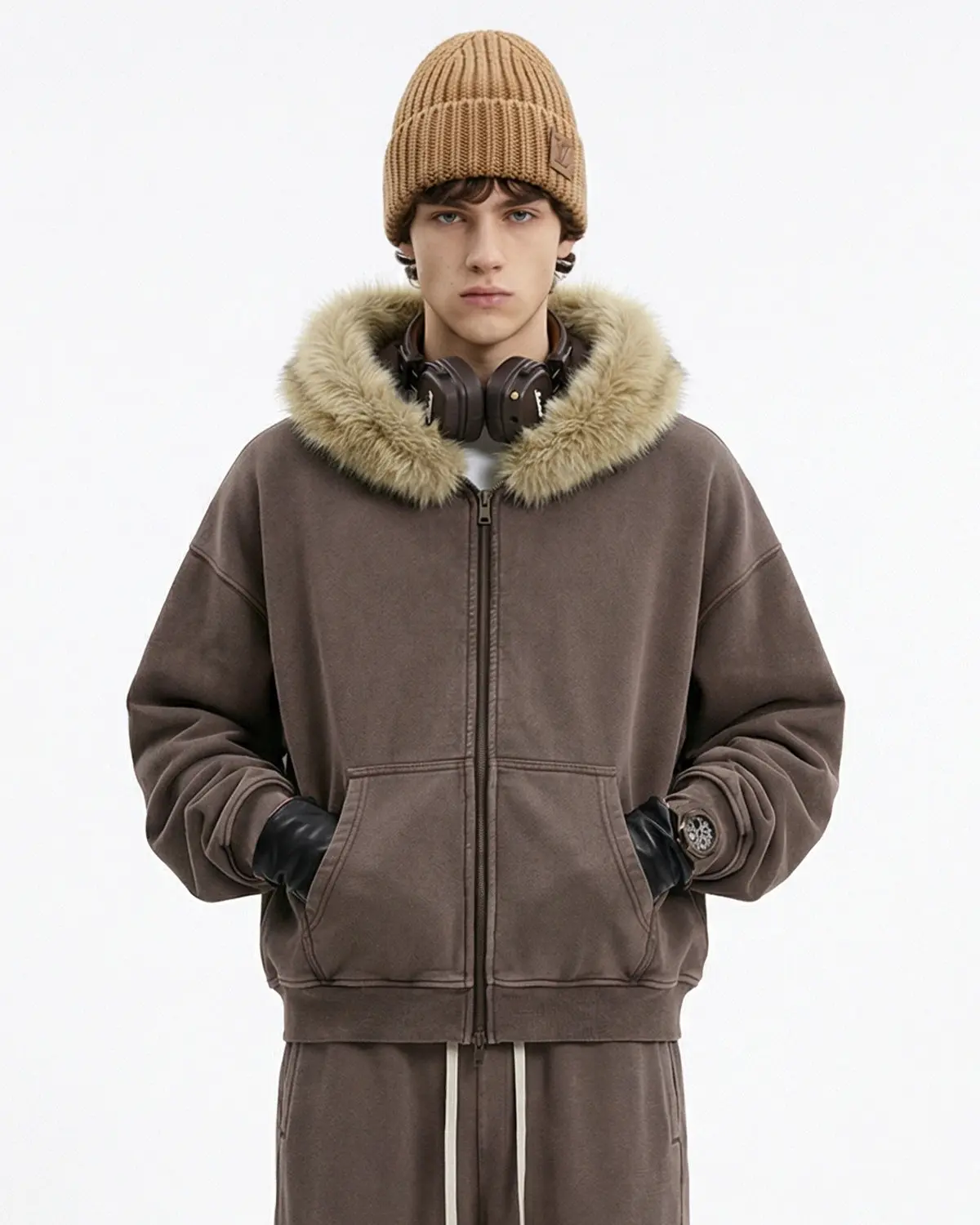 Faux Fur Collar Distressed Zip Up Hoodies | Inflation Streetwear - Image 8
